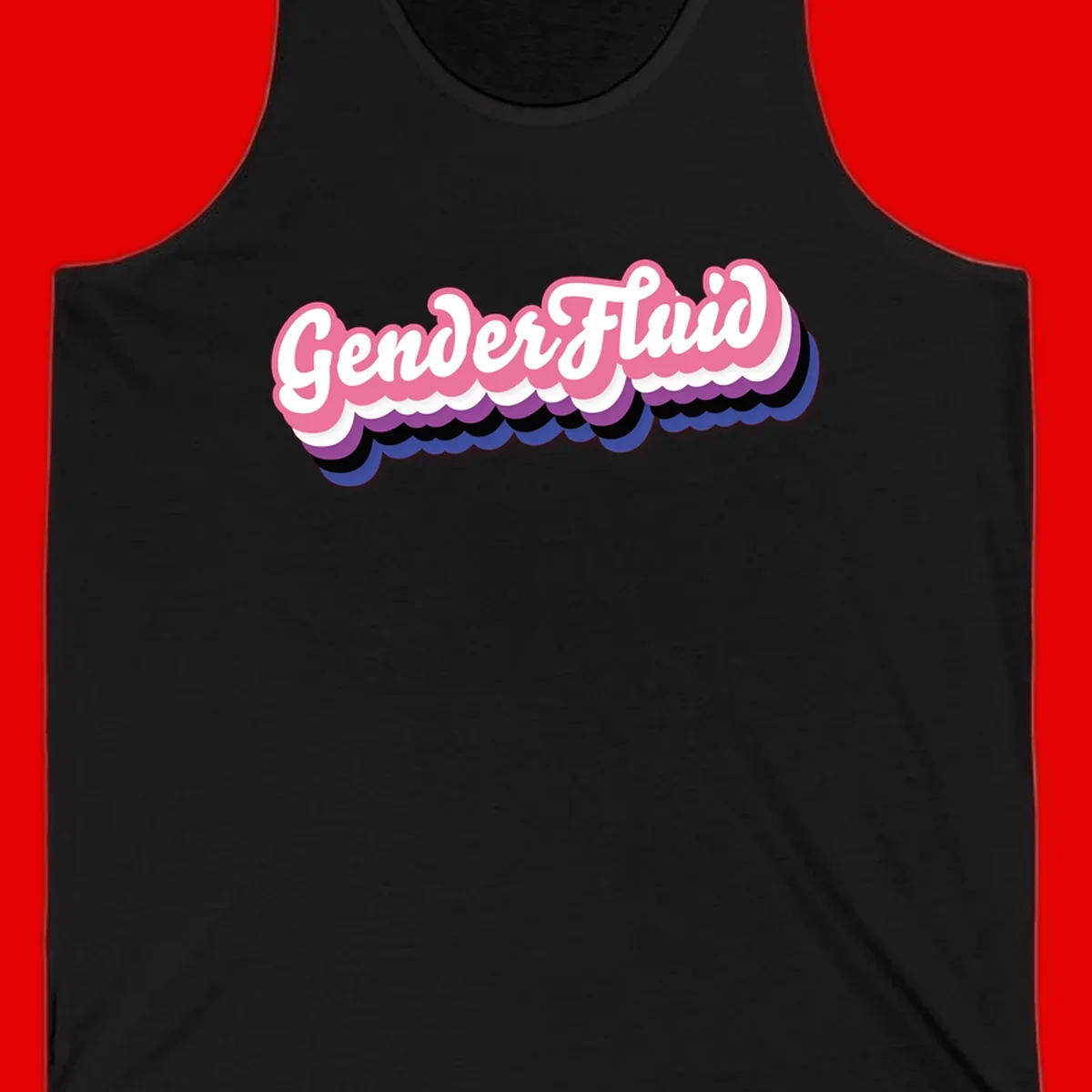 Colorful gender fluid pride design with white text and pink, purple, blue layered cloud effect