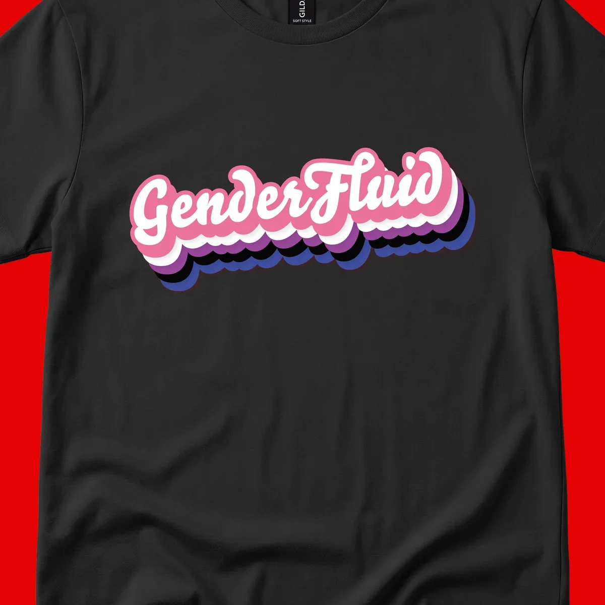 Colorful gender fluid pride design with white text and pink, purple, blue layered cloud effect