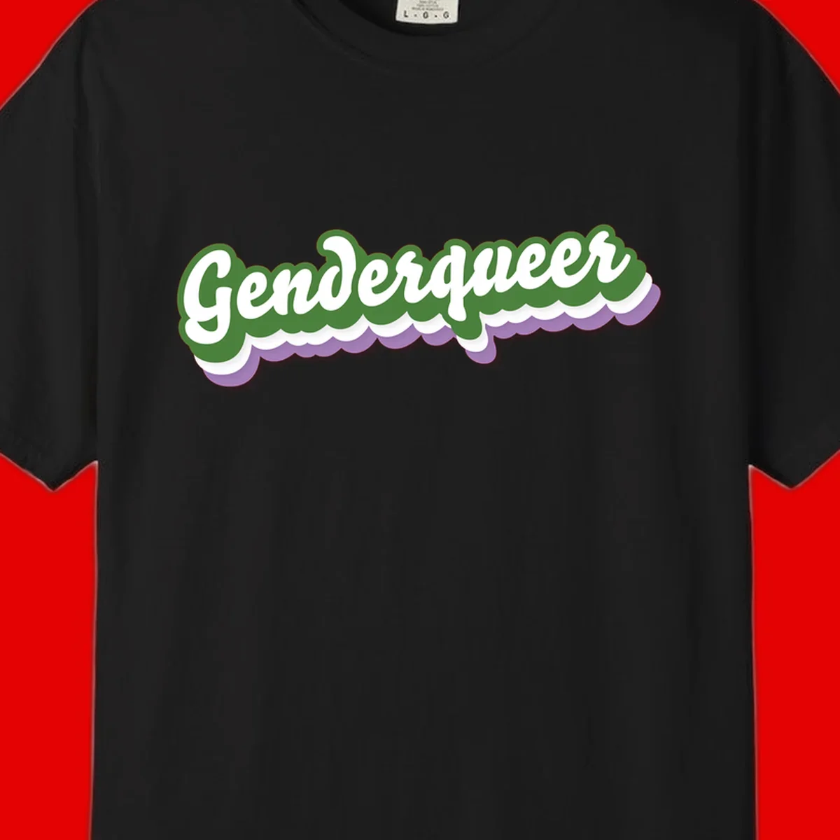 Retro script text reading 'Genderqueer' in white and green with purple and white scalloped wave border