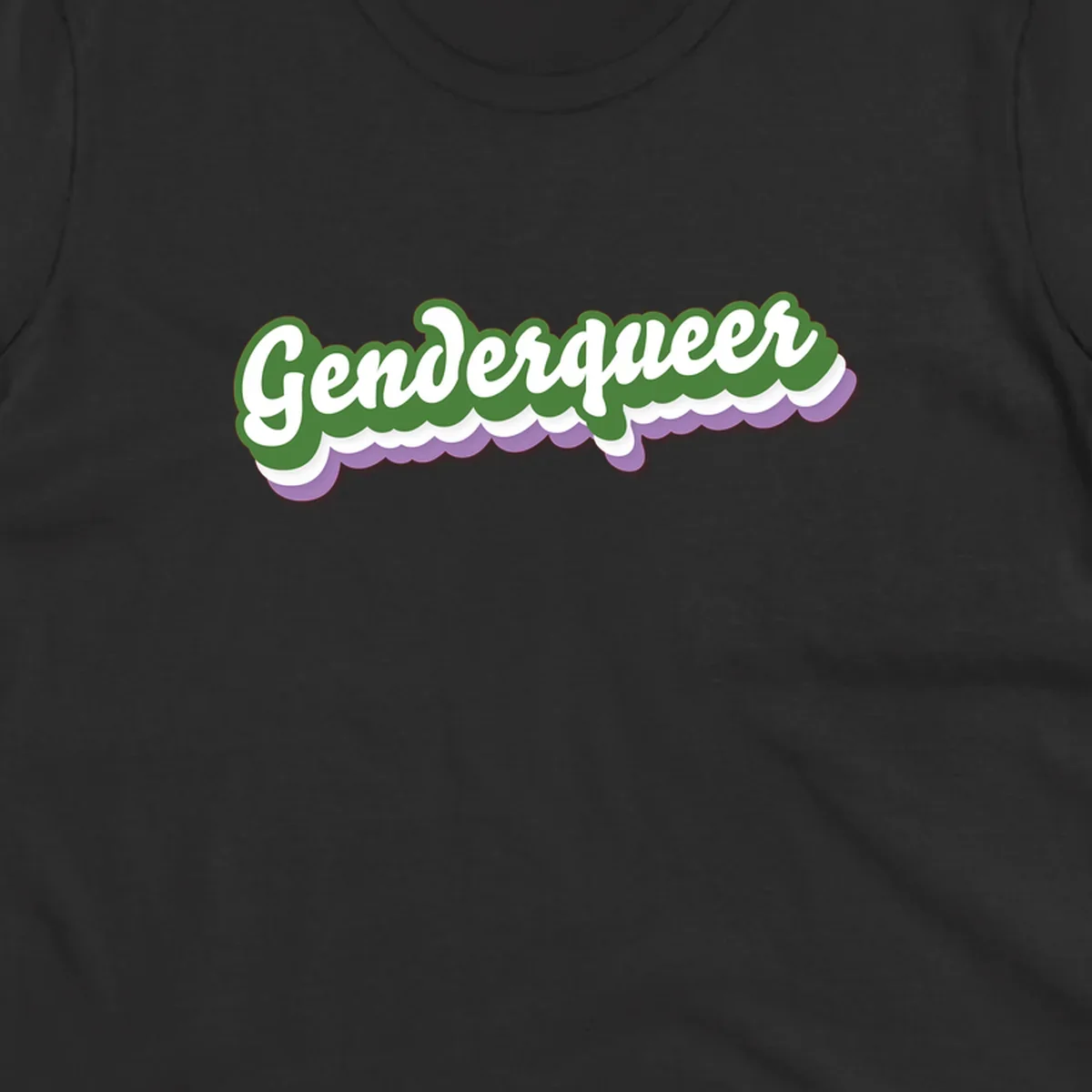 Retro script text reading 'Genderqueer' in white and green with purple and white scalloped wave border