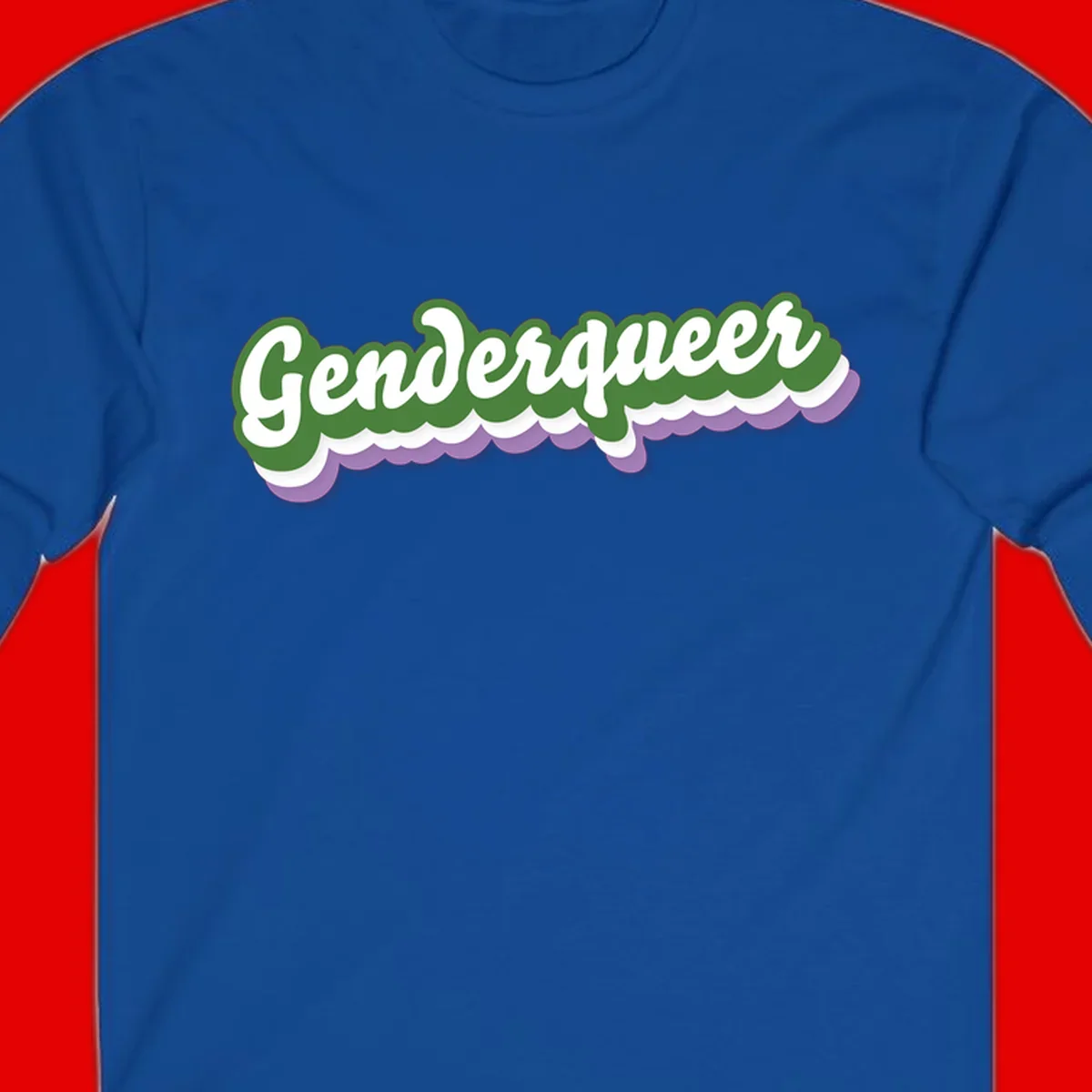 Retro script text reading 'Genderqueer' in white and green with purple and white scalloped wave border