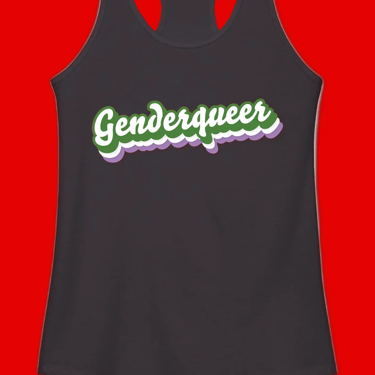 Retro script text reading 'Genderqueer' in white and green with purple and white scalloped wave border