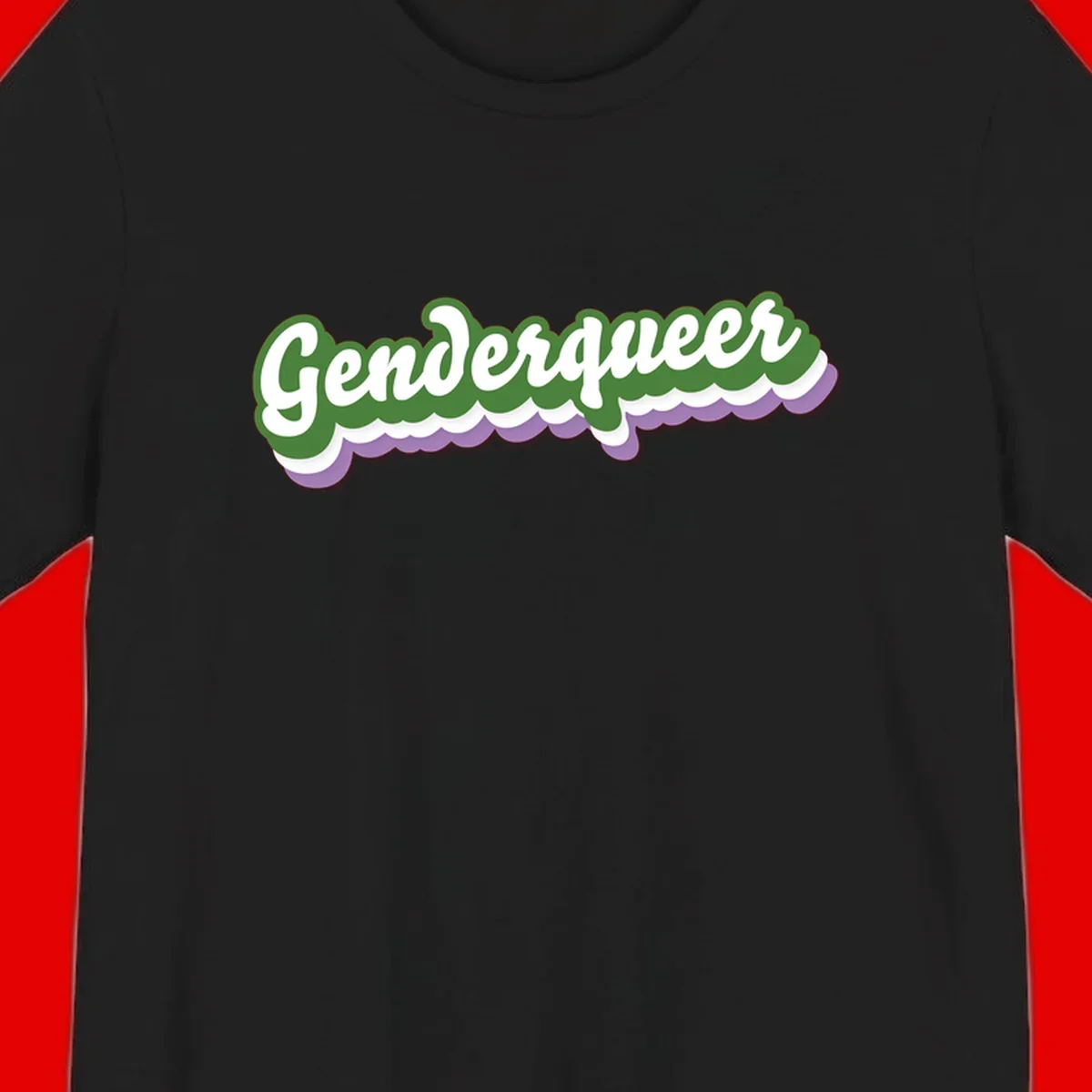 Retro script text reading 'Genderqueer' in white and green with purple and white scalloped wave border