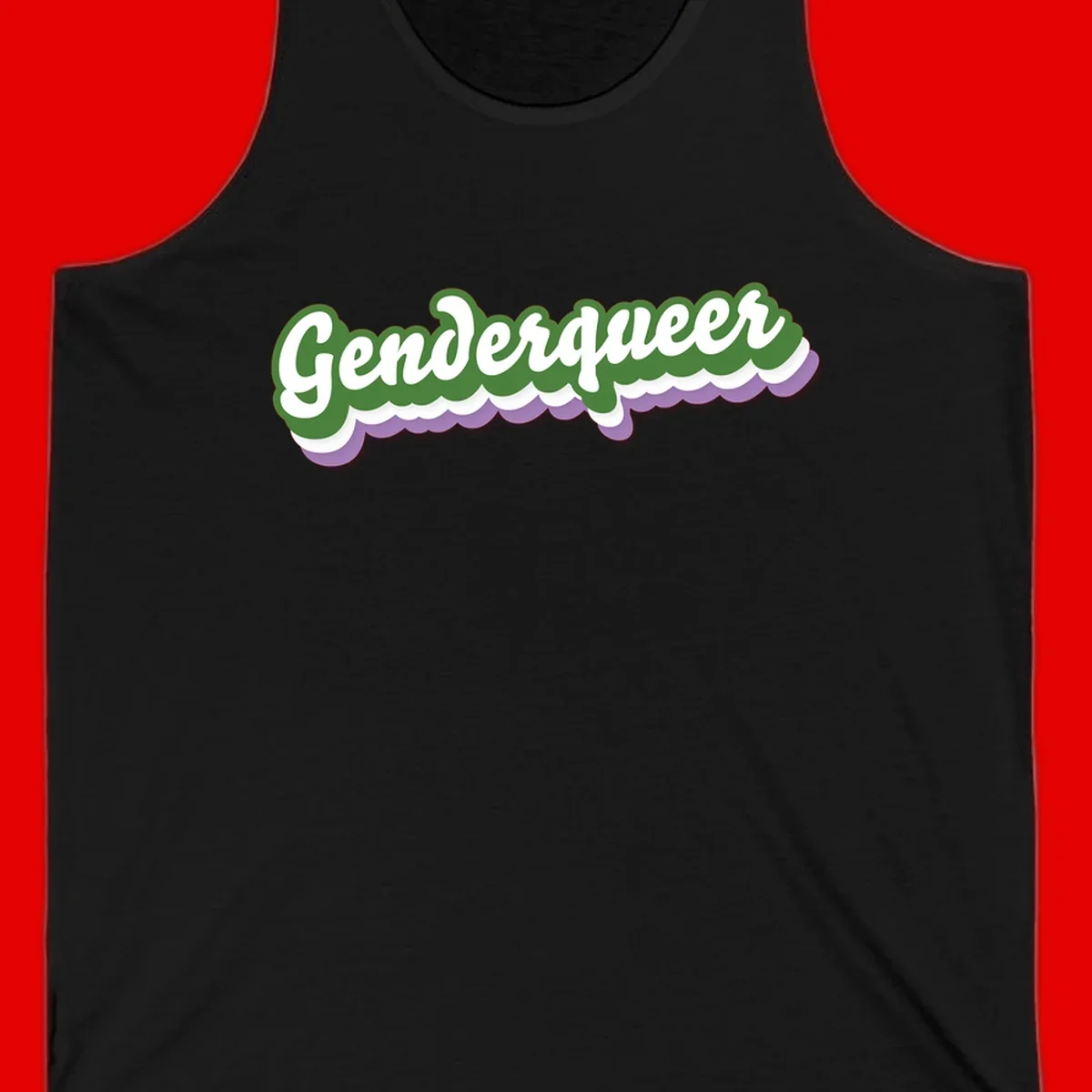 Retro script text reading 'Genderqueer' in white and green with purple and white scalloped wave border