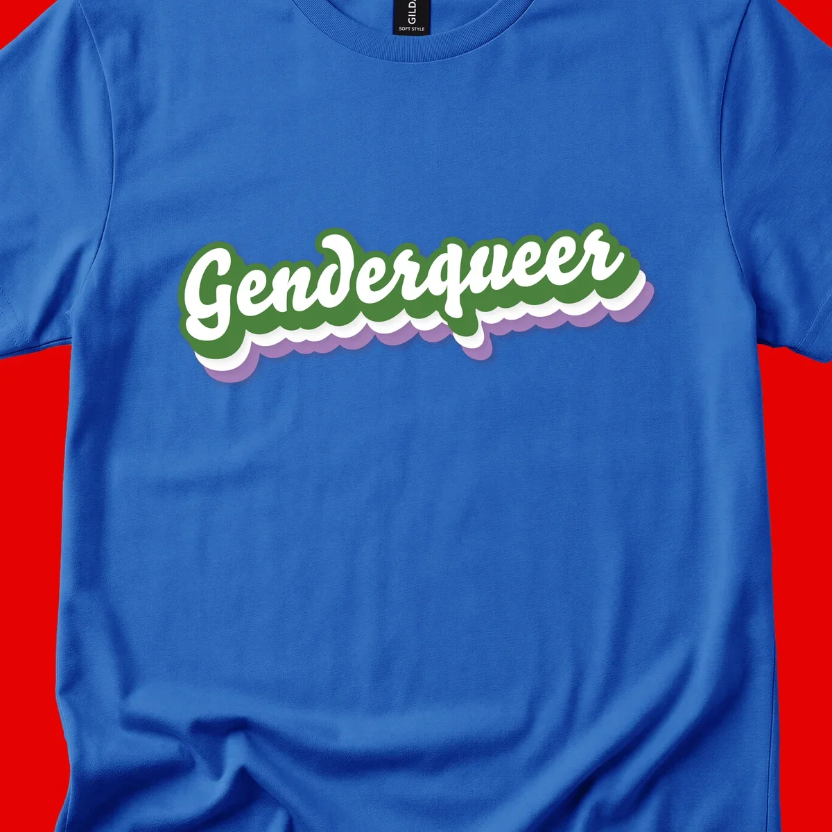 Retro script text reading 'Genderqueer' in white and green with purple and white scalloped wave border