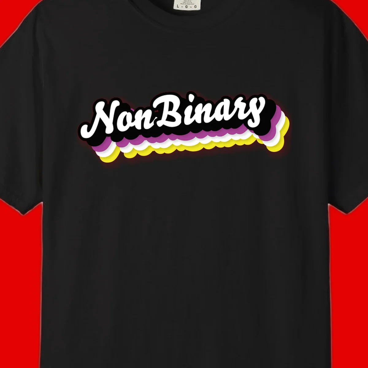 Nonbinary pride design with white script text on layered purple, white, and yellow cloud shapes