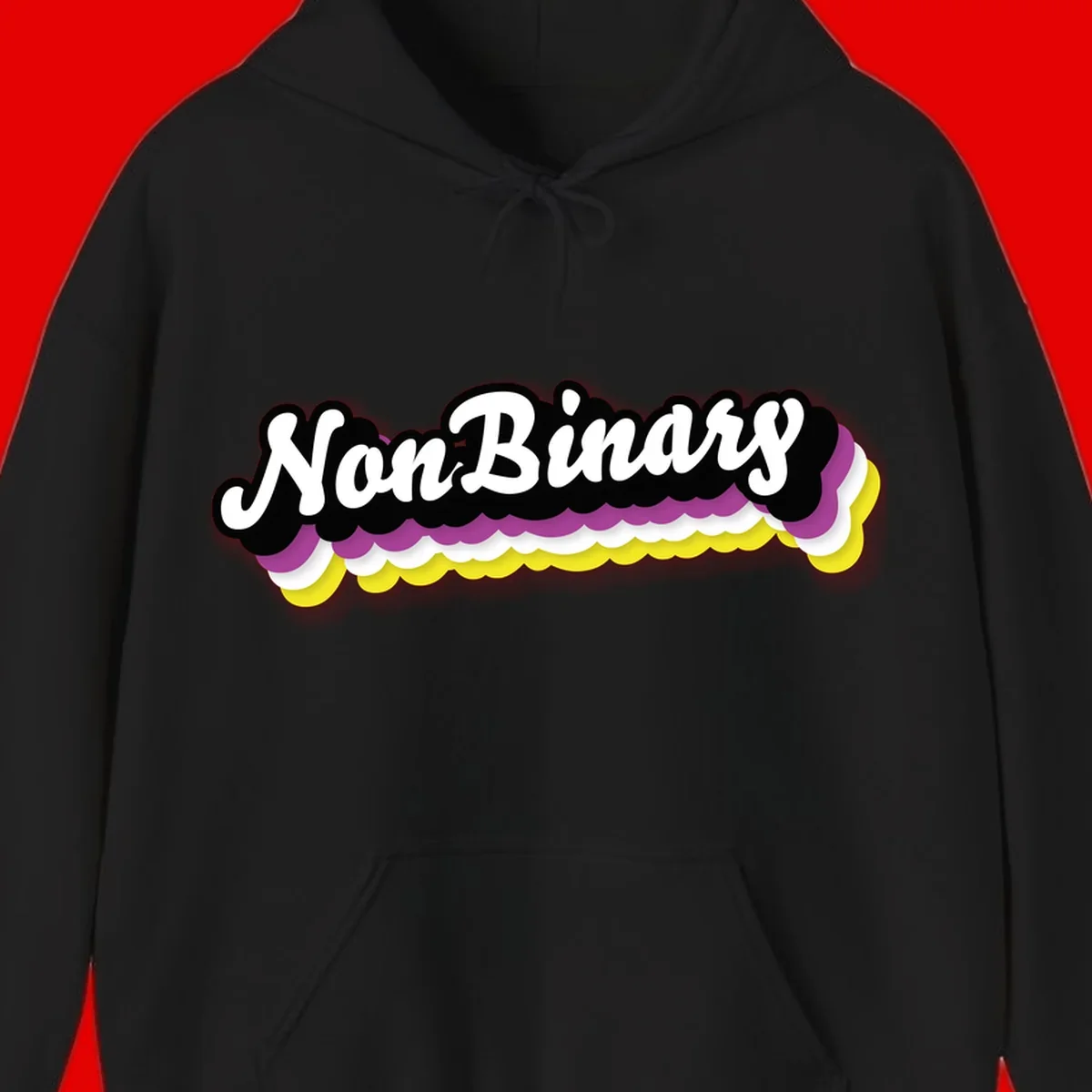 Nonbinary pride design with white script text on layered purple, white, and yellow cloud shapes