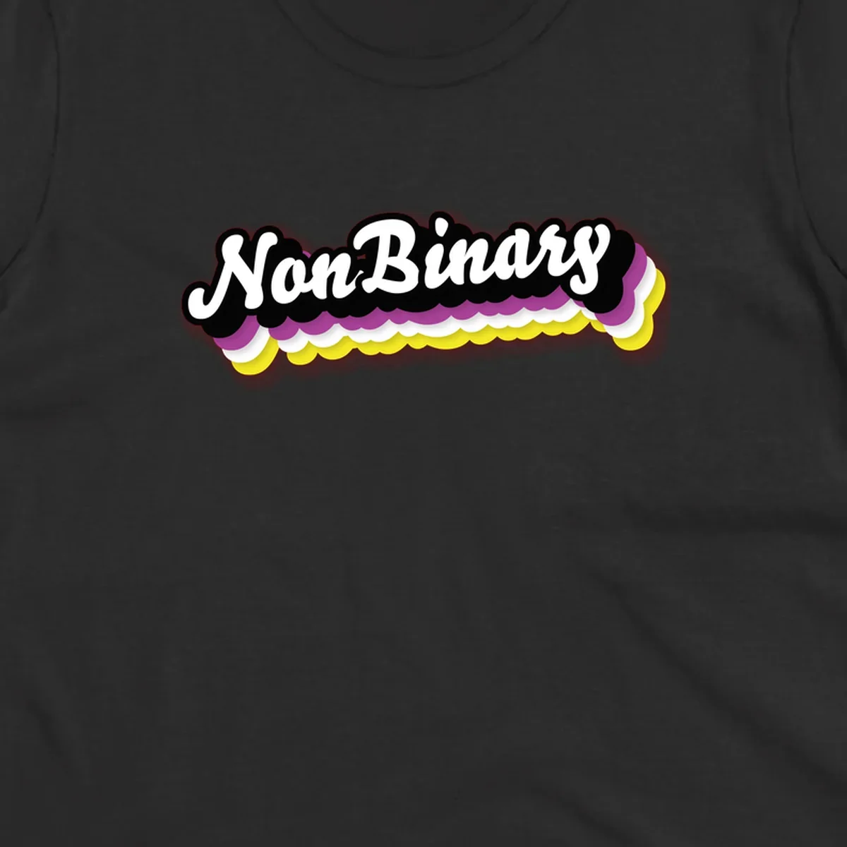Nonbinary pride design with white script text on layered purple, white, and yellow cloud shapes