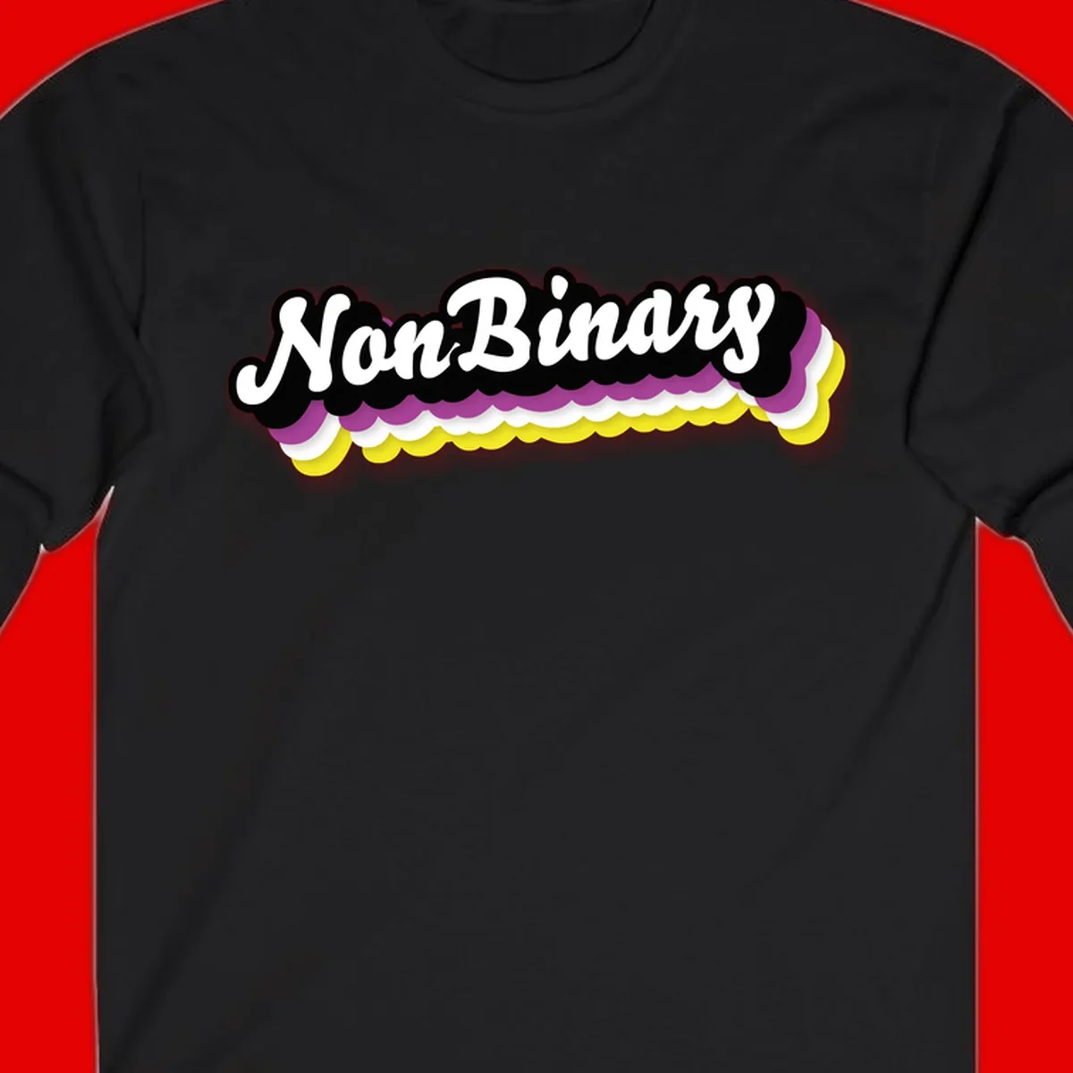 Nonbinary pride design with white script text on layered purple, white, and yellow cloud shapes