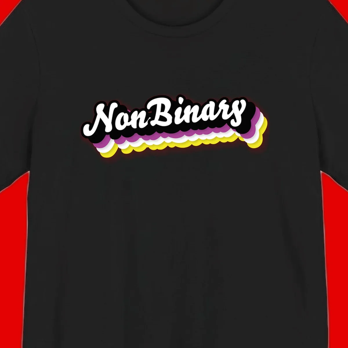 Nonbinary pride design with white script text on layered purple, white, and yellow cloud shapes