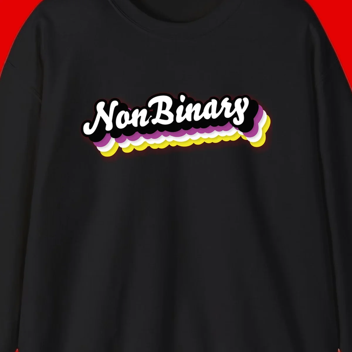 Nonbinary pride design with white script text on layered purple, white, and yellow cloud shapes