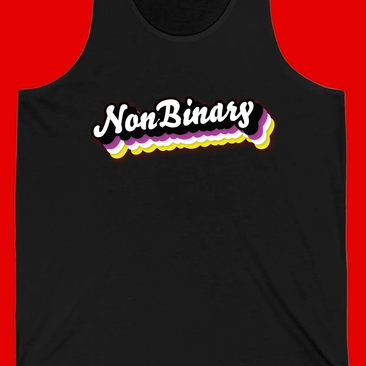 Nonbinary pride design with white script text on layered purple, white, and yellow cloud shapes