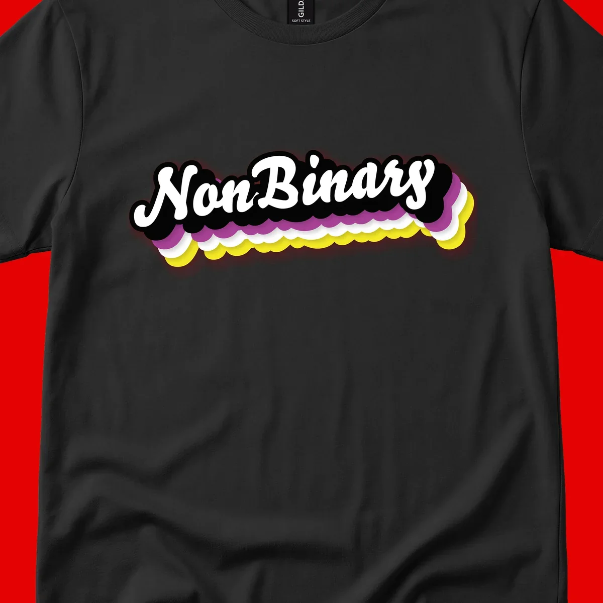 Nonbinary pride design with white script text on layered purple, white, and yellow cloud shapes