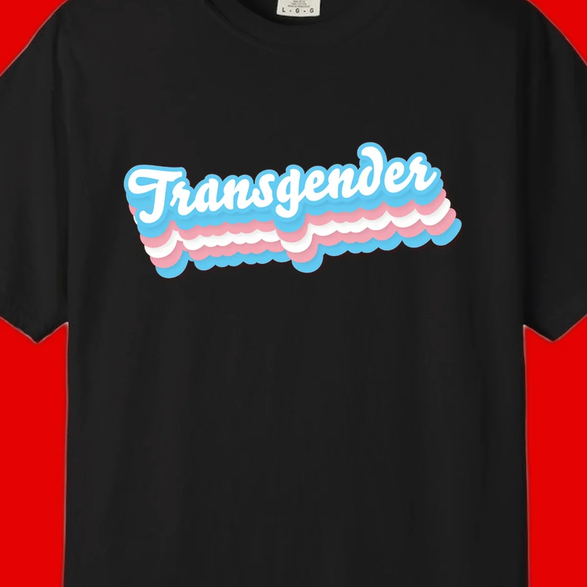Transgender pride design with white script text surrounded by layered blue, pink, and white scalloped clouds