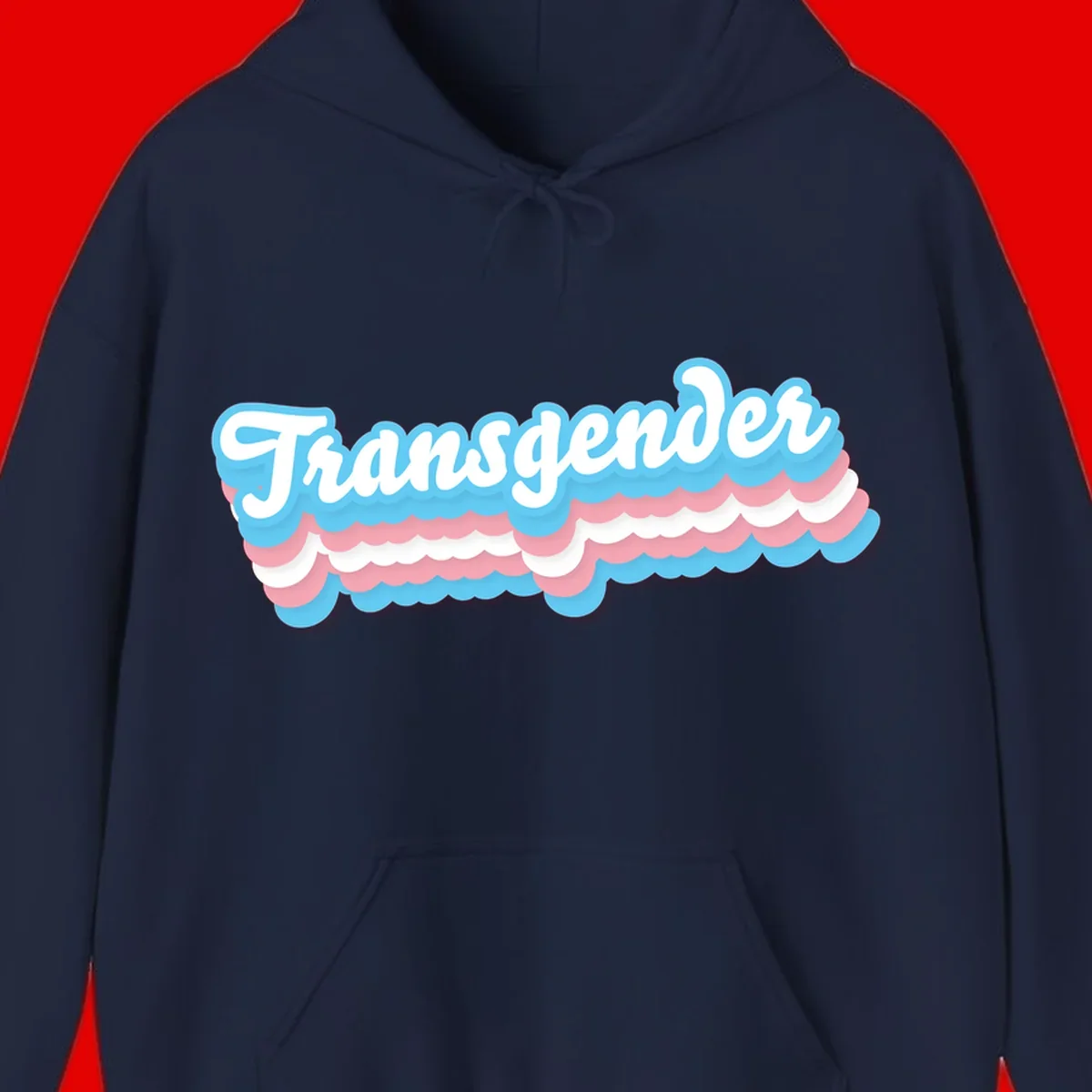 Transgender pride design with white script text surrounded by layered blue, pink, and white scalloped clouds