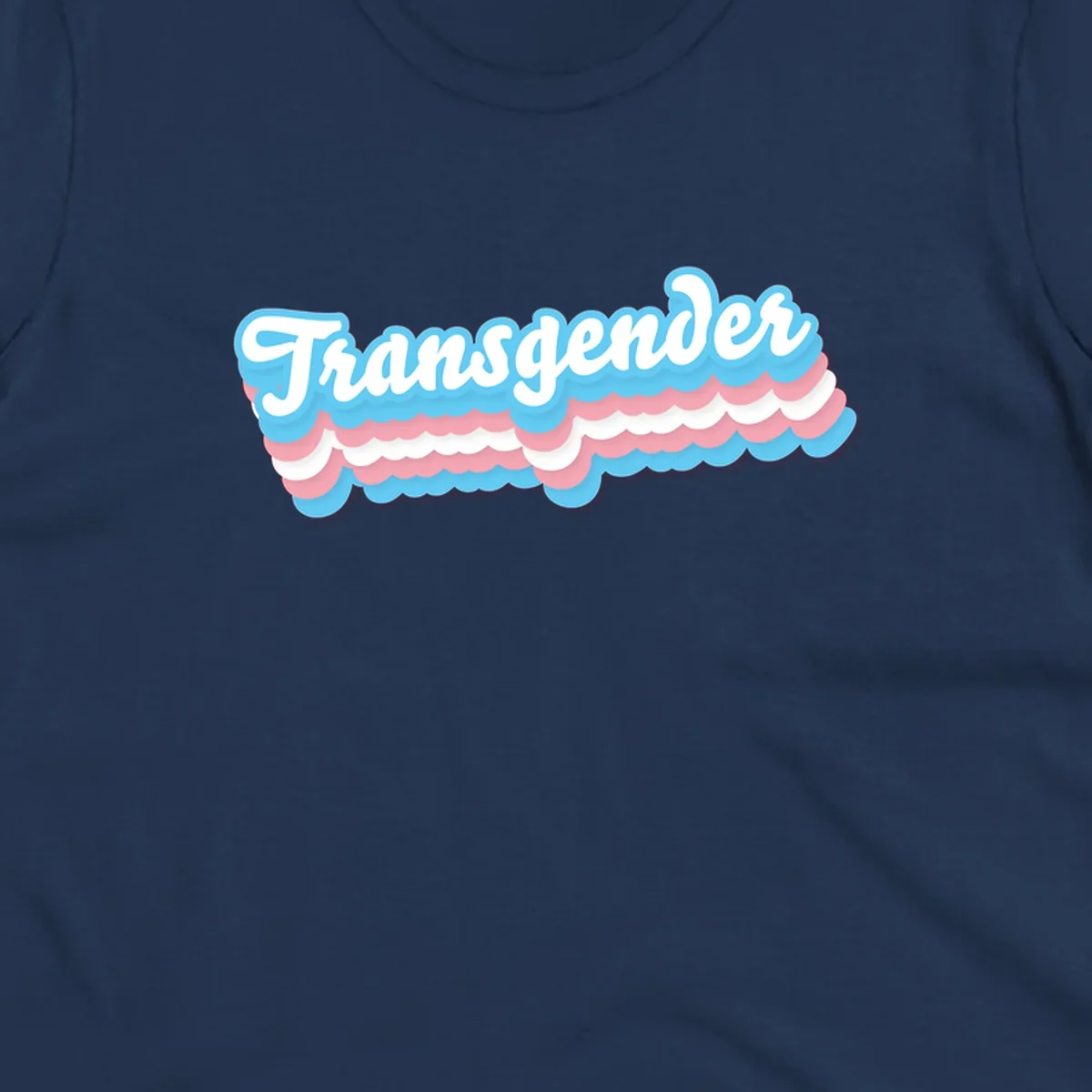 Transgender pride design with white script text surrounded by layered blue, pink, and white scalloped clouds