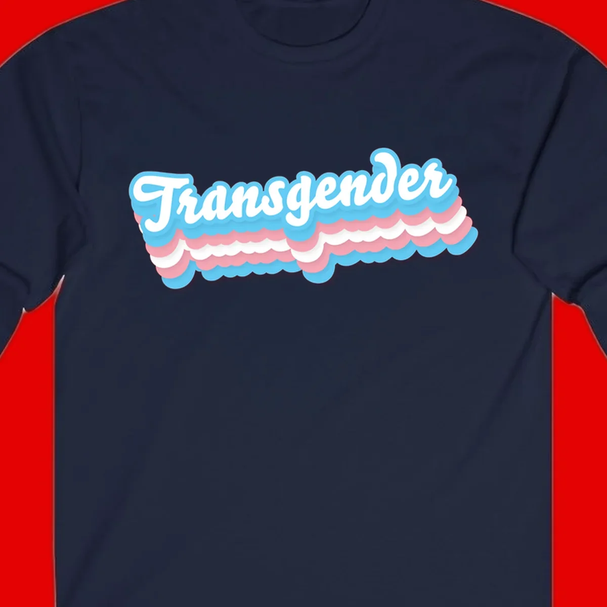 Transgender pride design with white script text surrounded by layered blue, pink, and white scalloped clouds