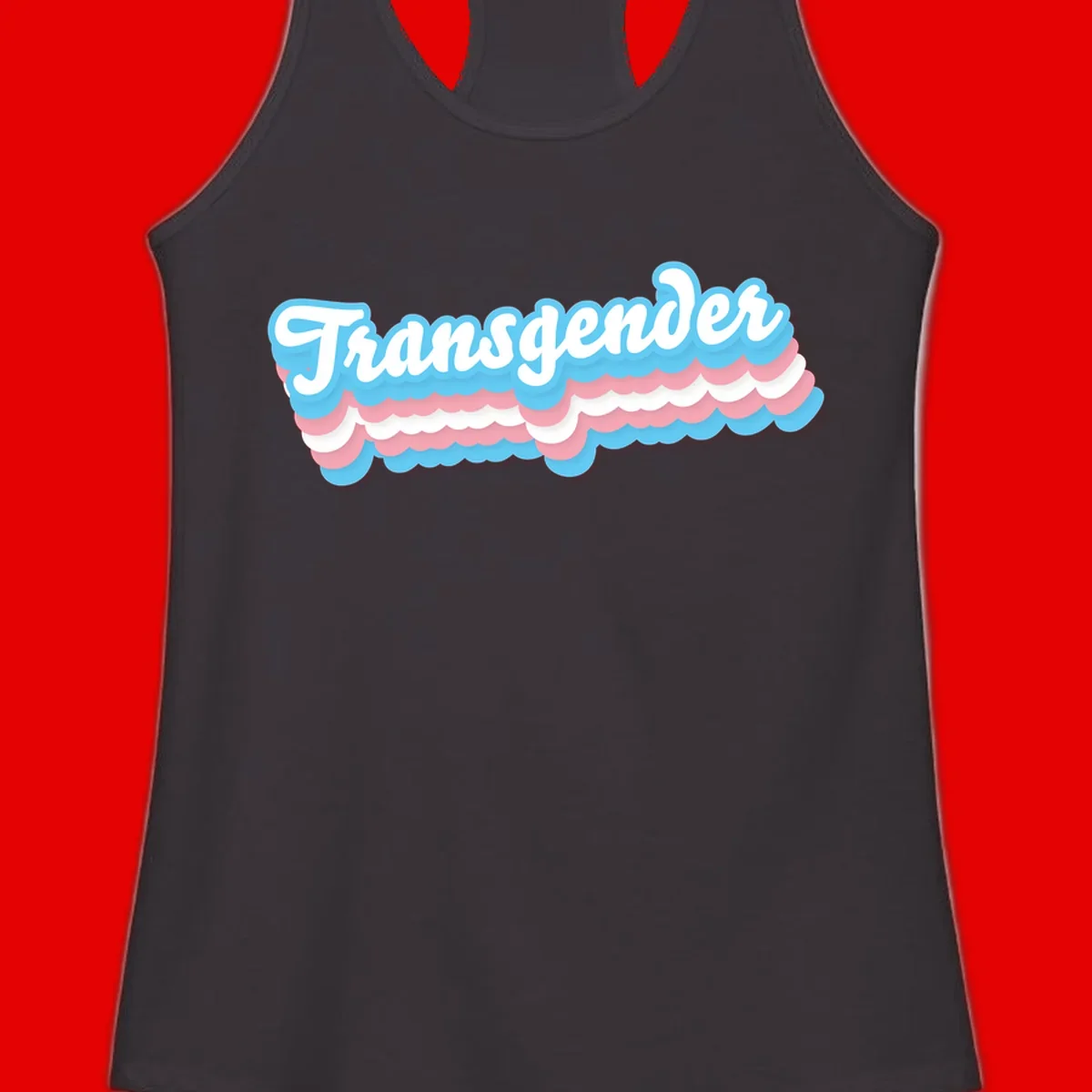 Transgender pride design with white script text surrounded by layered blue, pink, and white scalloped clouds