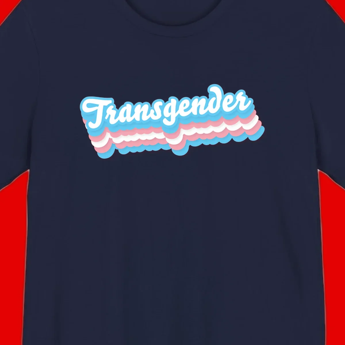 Transgender pride design with white script text surrounded by layered blue, pink, and white scalloped clouds