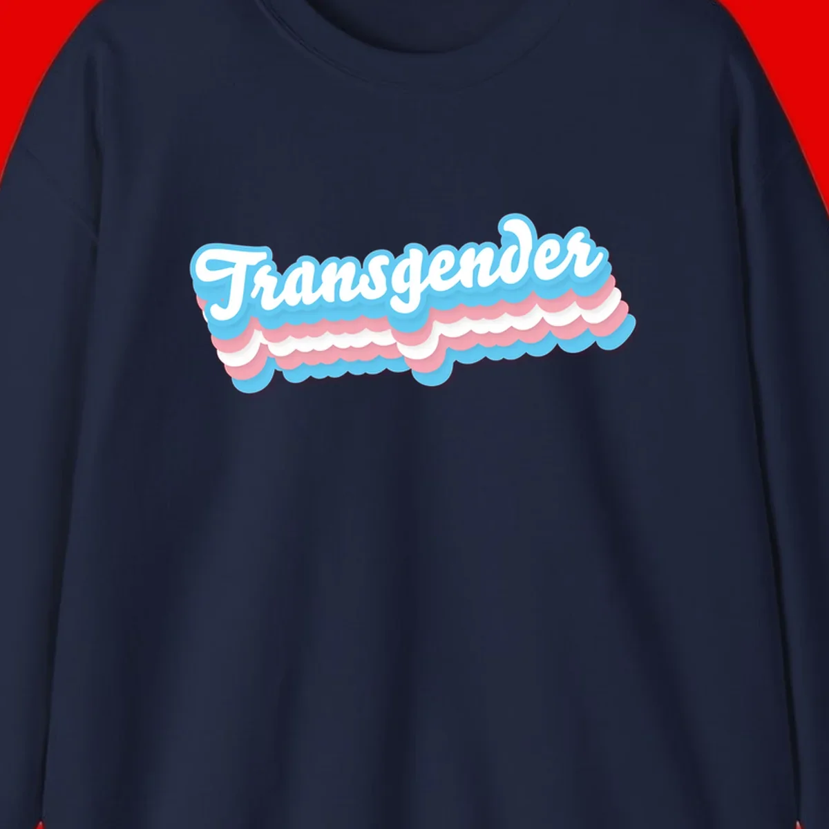 Transgender pride design with white script text surrounded by layered blue, pink, and white scalloped clouds