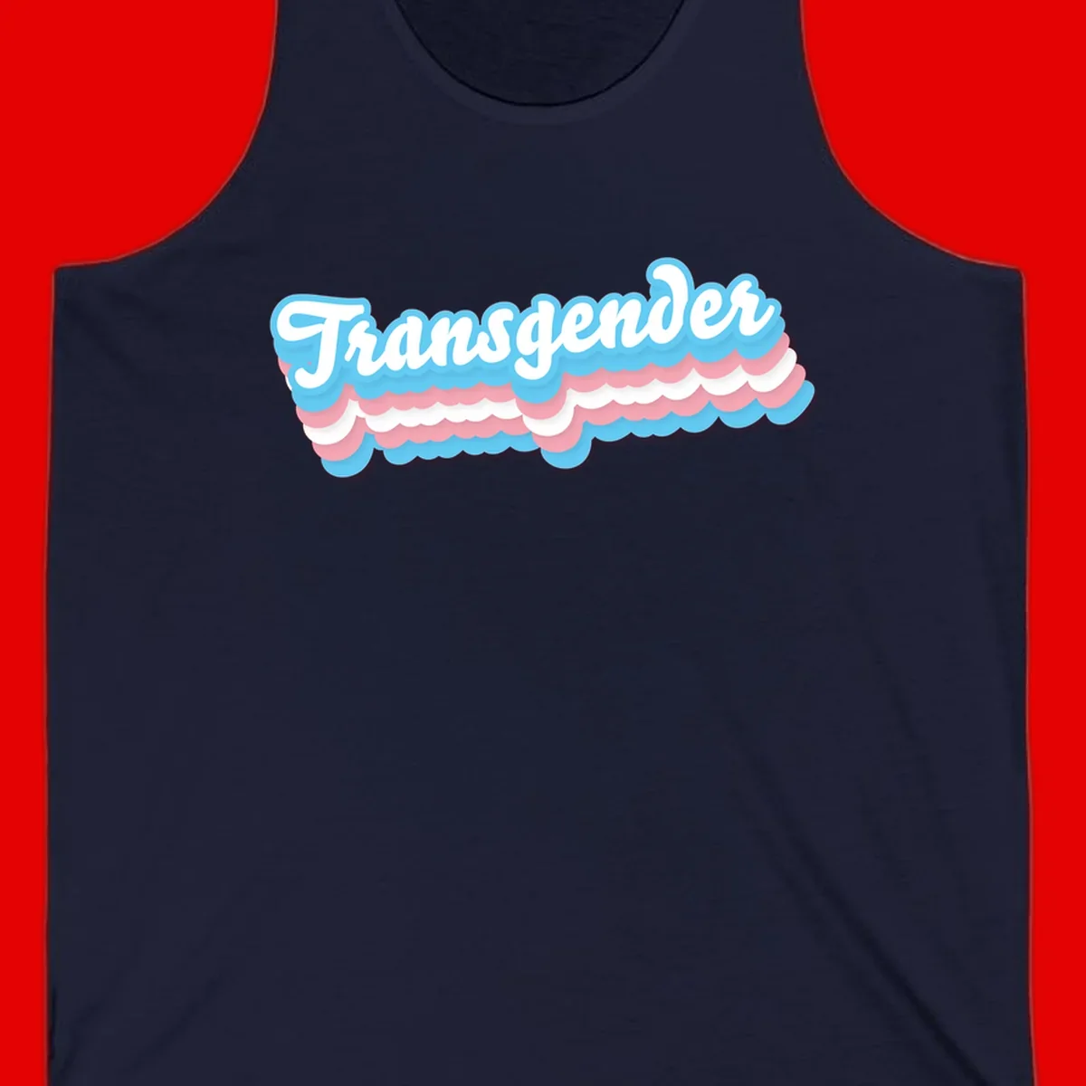 Transgender pride design with white script text surrounded by layered blue, pink, and white scalloped clouds