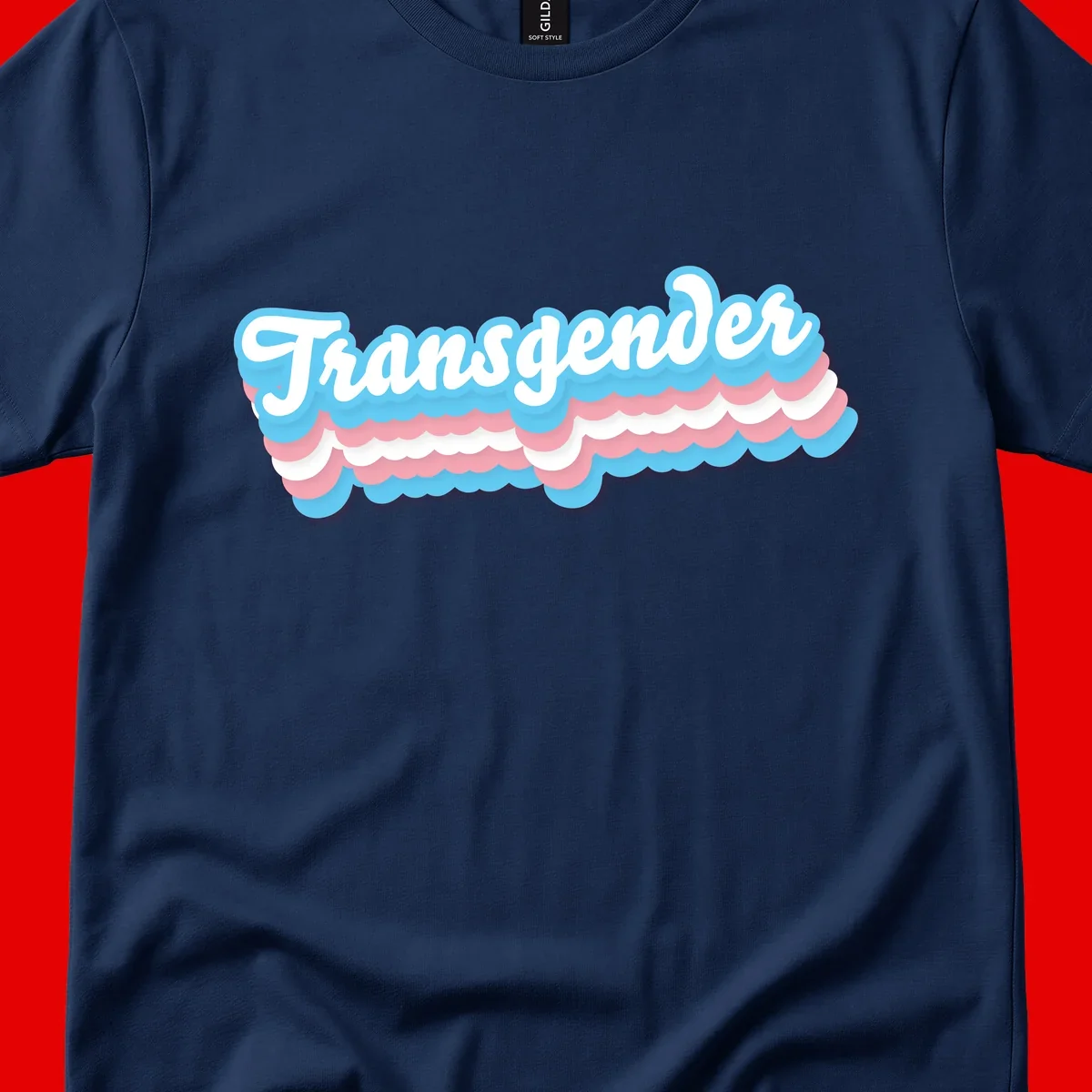 Transgender pride design with white script text surrounded by layered blue, pink, and white scalloped clouds