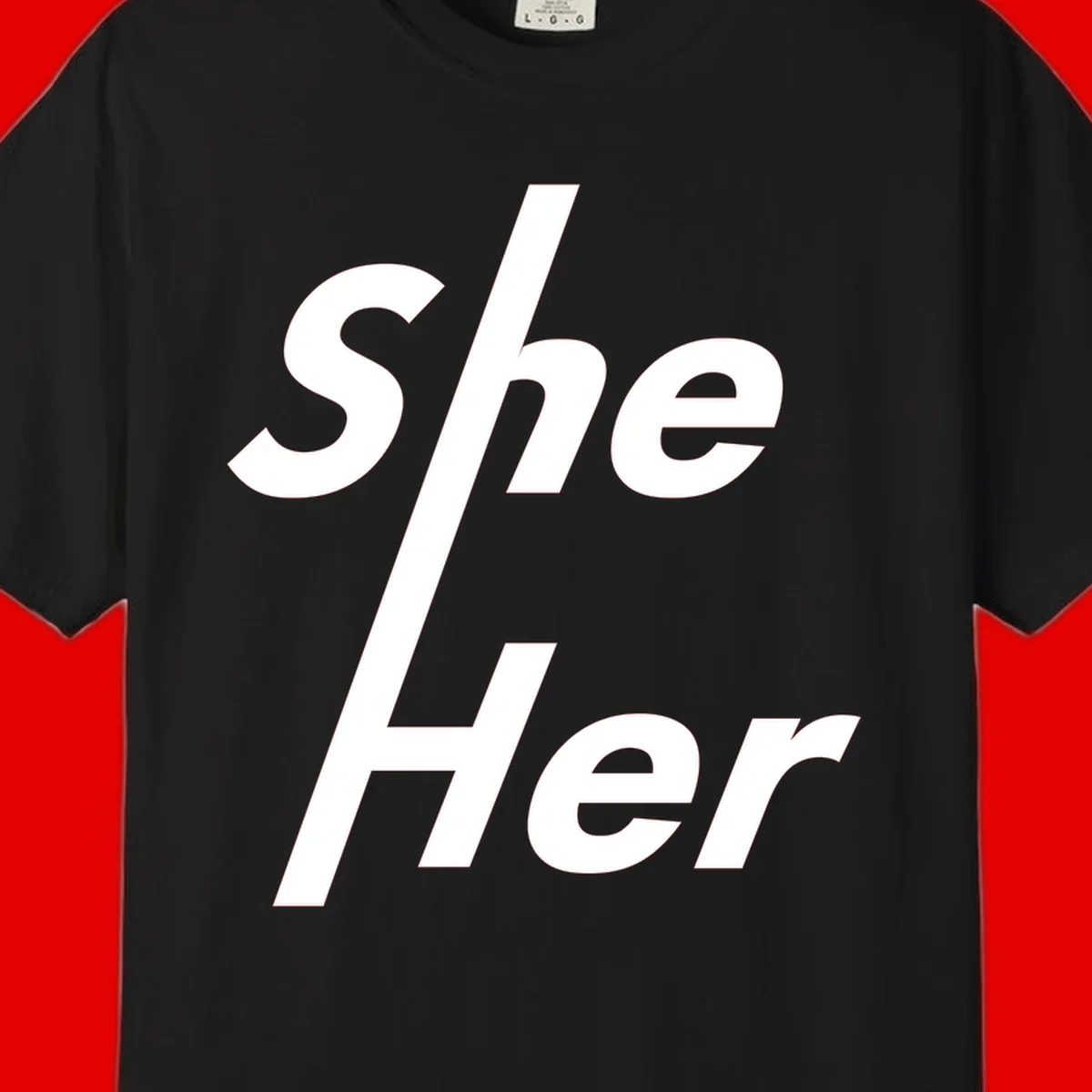 White text reading 'She/Her' with a diagonal forward slash on gray background, pronoun pride design