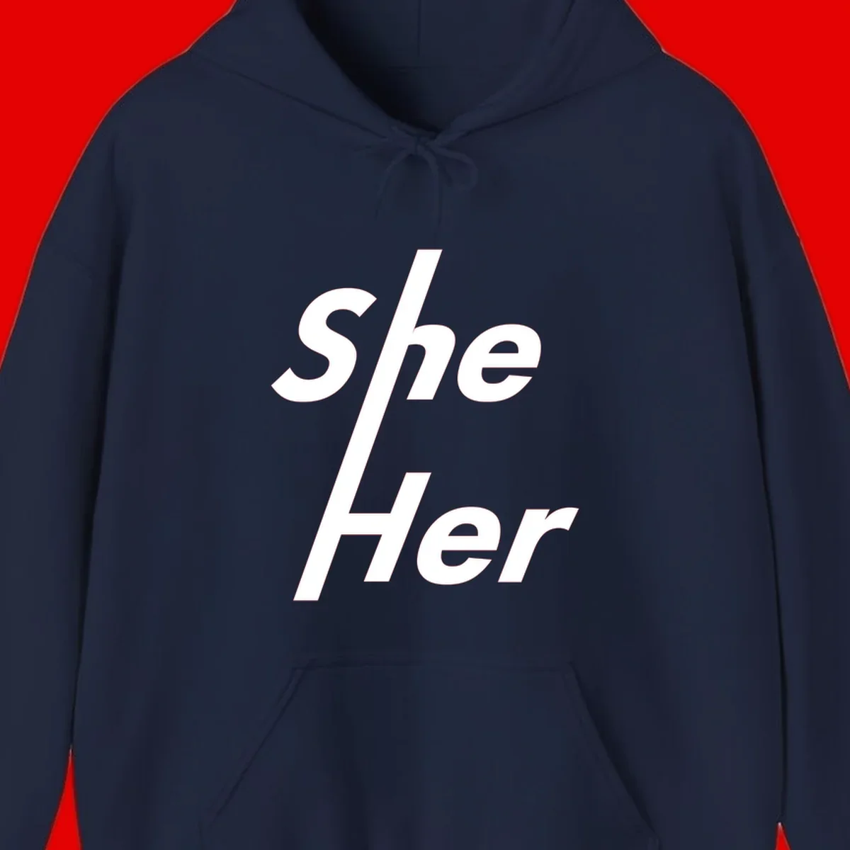 White text reading 'She/Her' with a diagonal forward slash on gray background, pronoun pride design