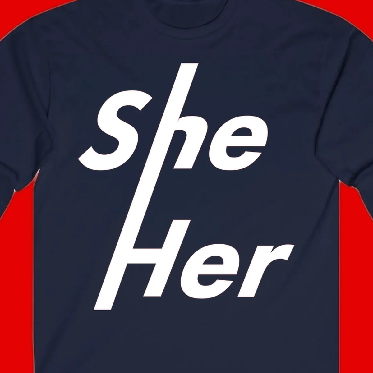 White text reading 'She/Her' with a diagonal forward slash on gray background, pronoun pride design