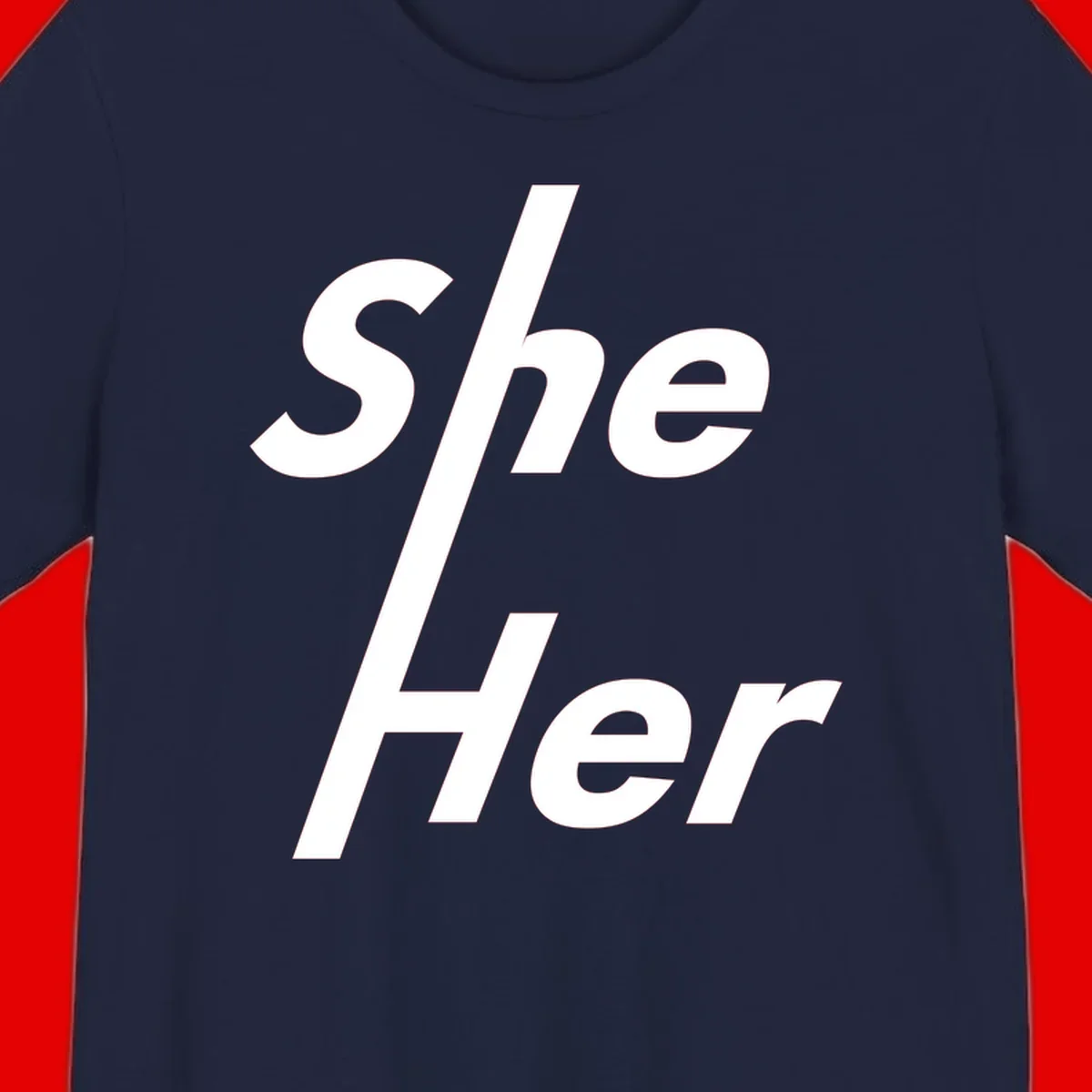 White text reading 'She/Her' with a diagonal forward slash on gray background, pronoun pride design