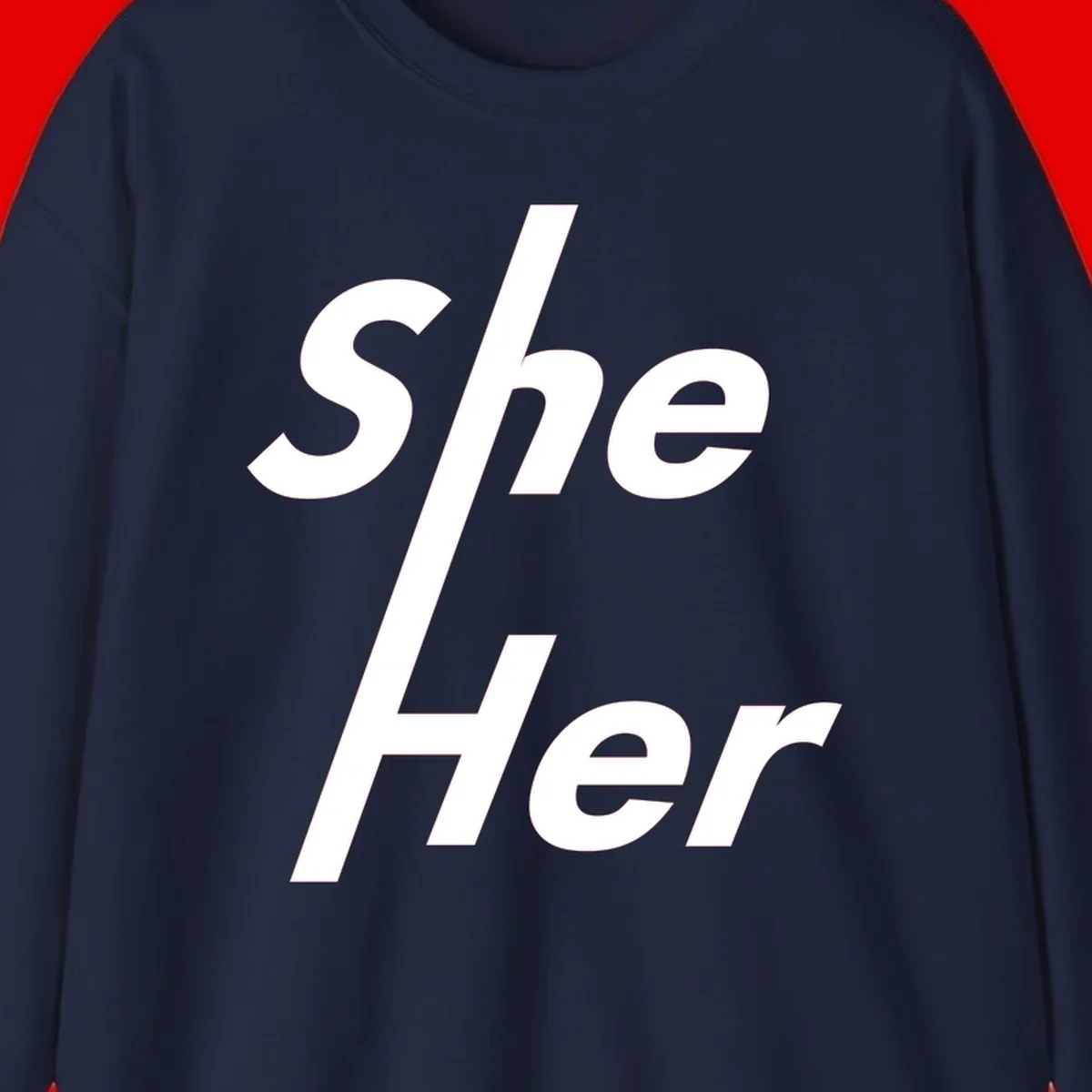 White text reading 'She/Her' with a diagonal forward slash on gray background, pronoun pride design