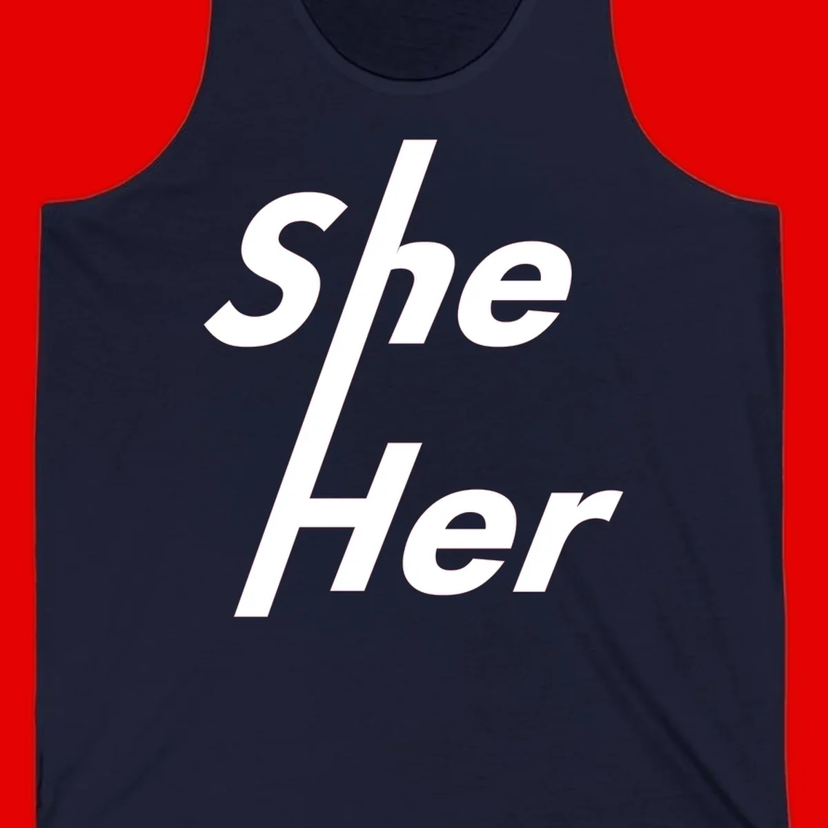 White text reading 'She/Her' with a diagonal forward slash on gray background, pronoun pride design