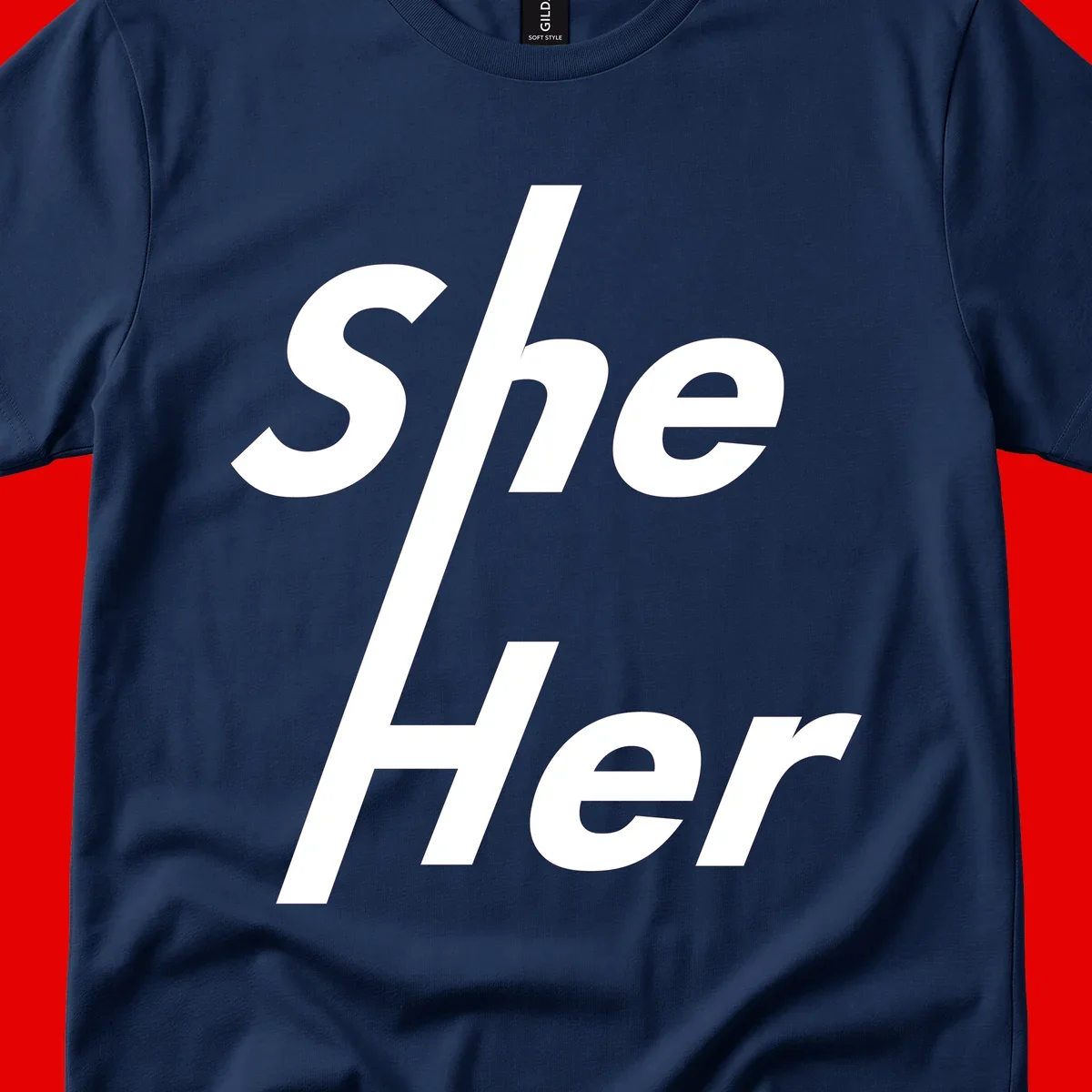 White text reading 'She/Her' with a diagonal forward slash on gray background, pronoun pride design