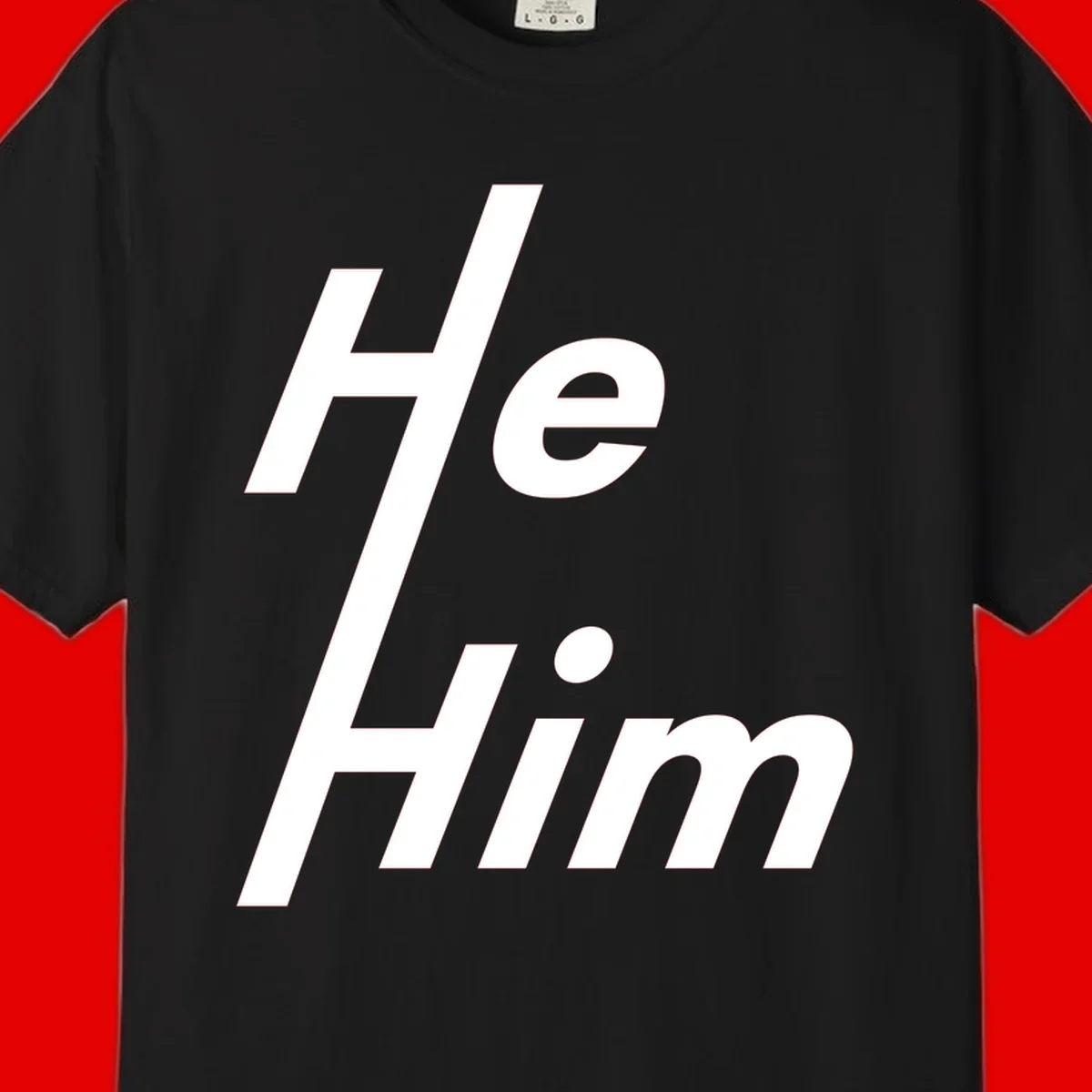Minimalist design with hashtag symbol and 'e.Him' text in white on gray background, promoting he/him pronoun visibility and pride