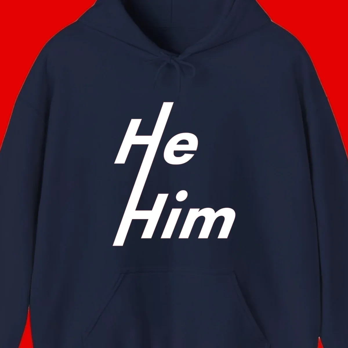 Minimalist design with hashtag symbol and 'e.Him' text in white on gray background, promoting he/him pronoun visibility and pride