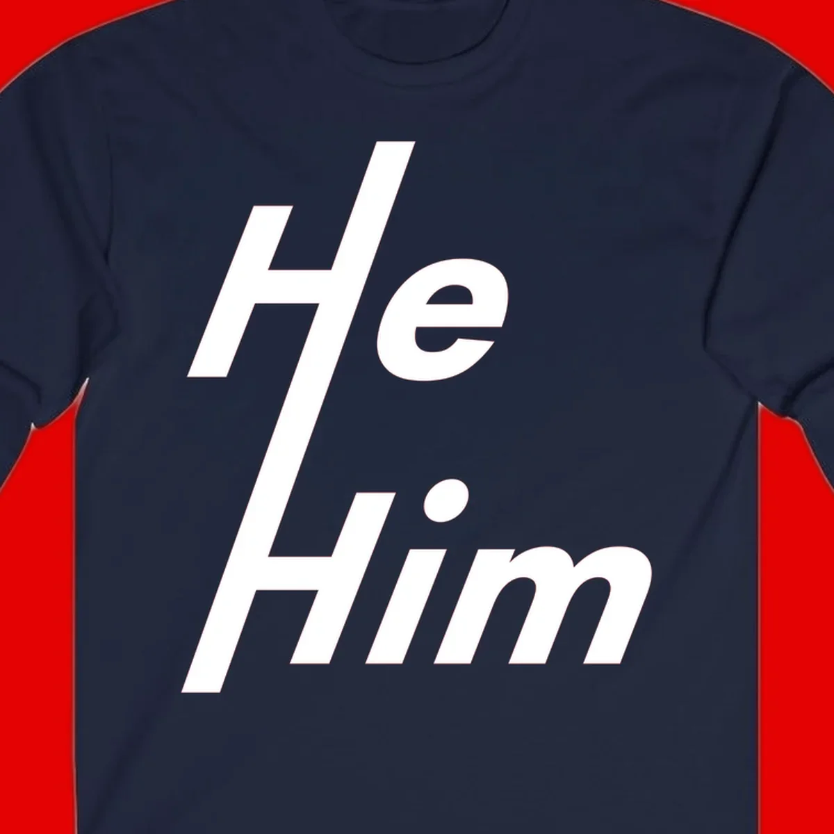 Minimalist design with hashtag symbol and 'e.Him' text in white on gray background, promoting he/him pronoun visibility and pride