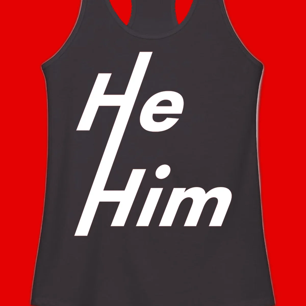 Minimalist design with hashtag symbol and 'e.Him' text in white on gray background, promoting he/him pronoun visibility and pride