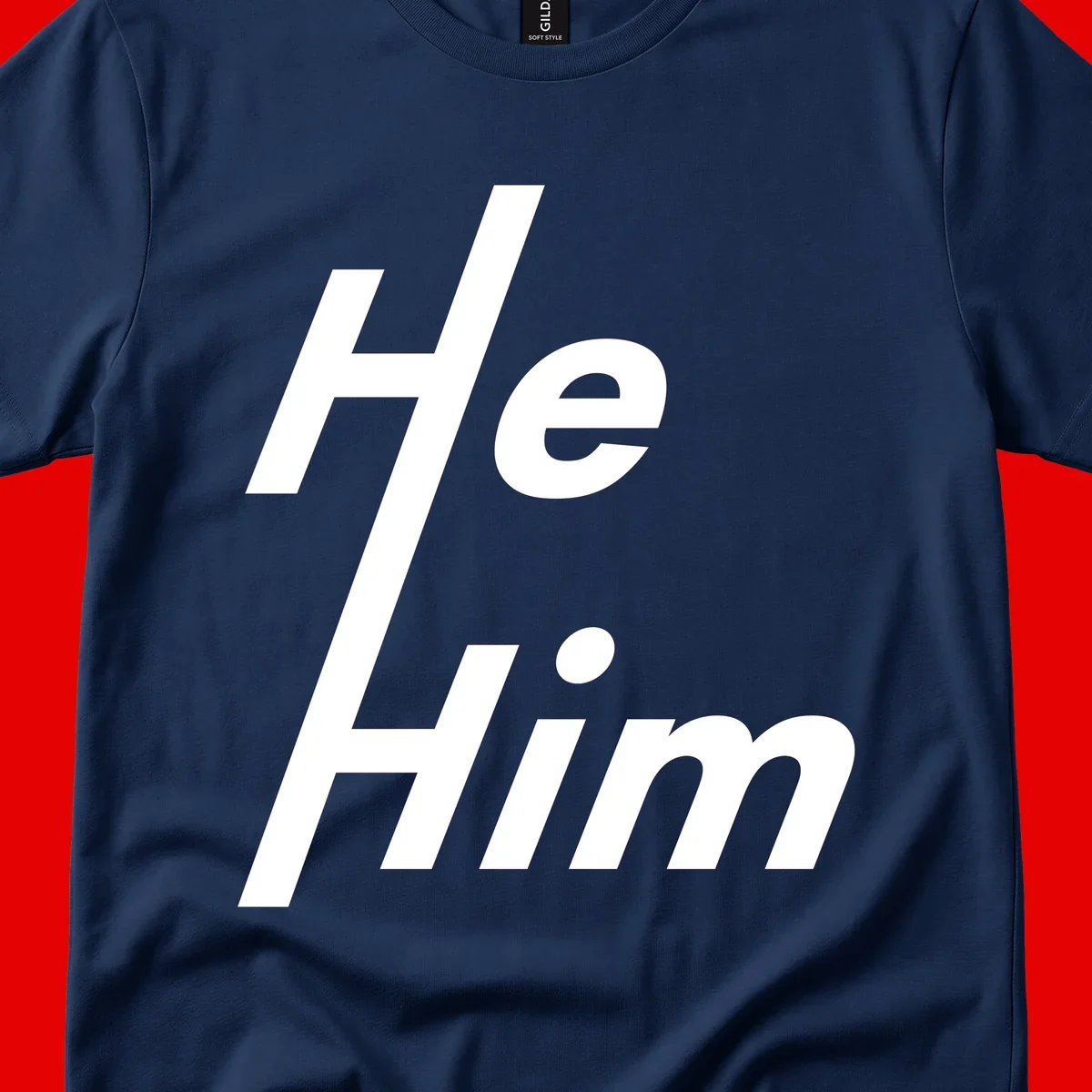 Minimalist design with hashtag symbol and 'e.Him' text in white on gray background, promoting he/him pronoun visibility and pride