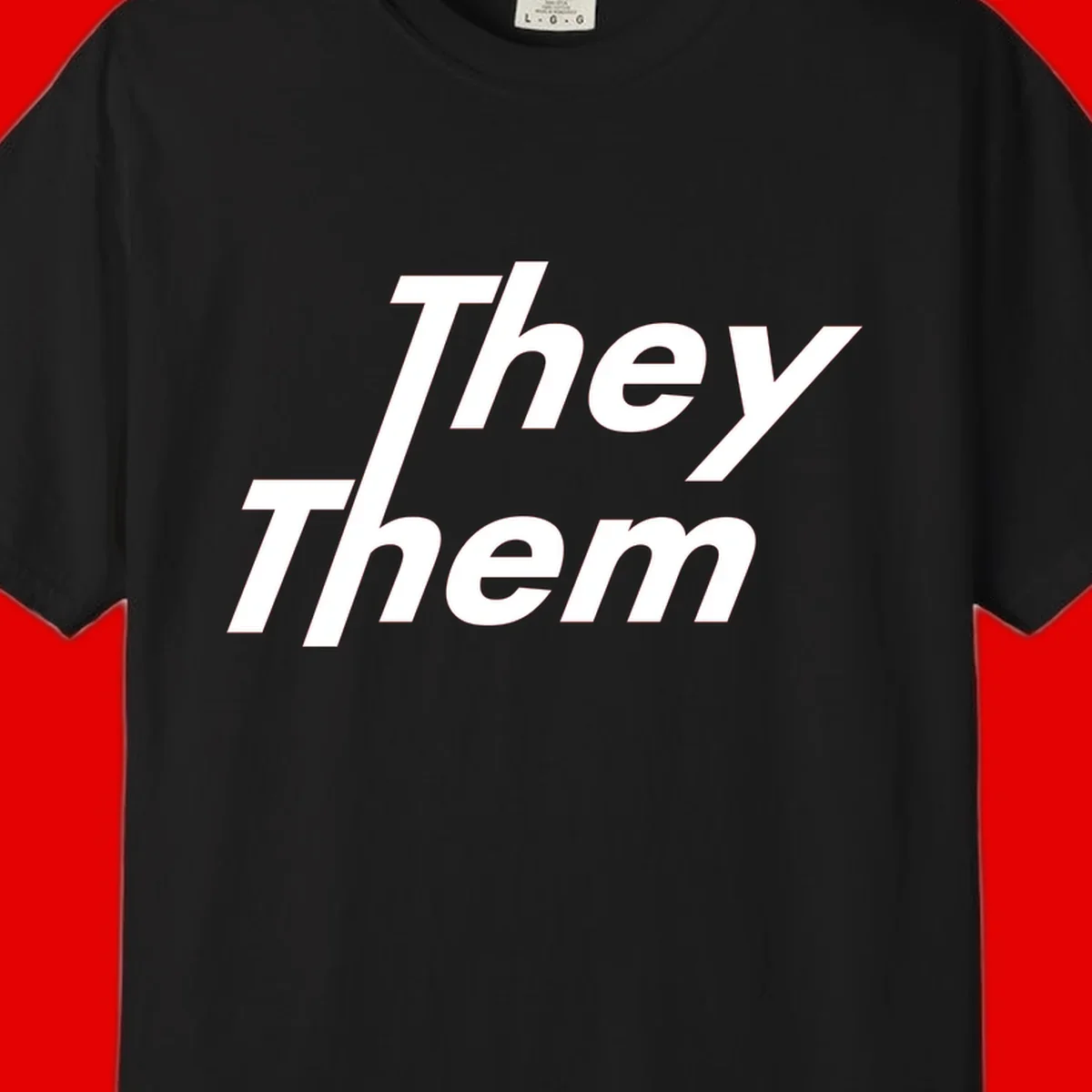 White italicized text reading 'they them' stacked vertically on gray background, pronoun pride design