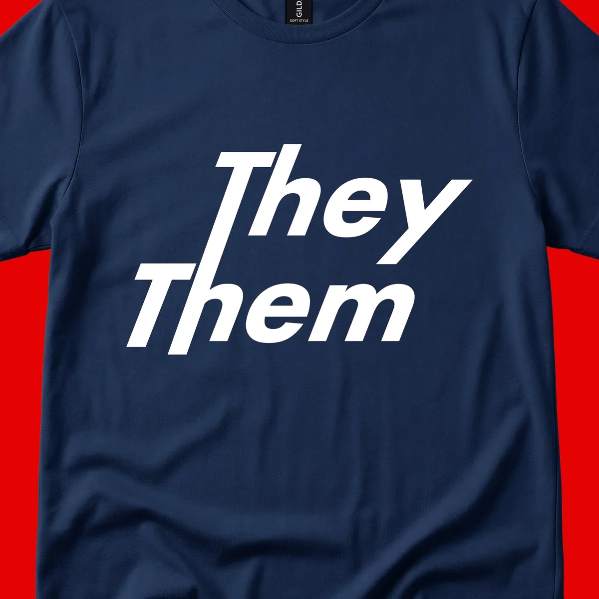 White italicized text reading 'they them' stacked vertically on gray background, pronoun pride design