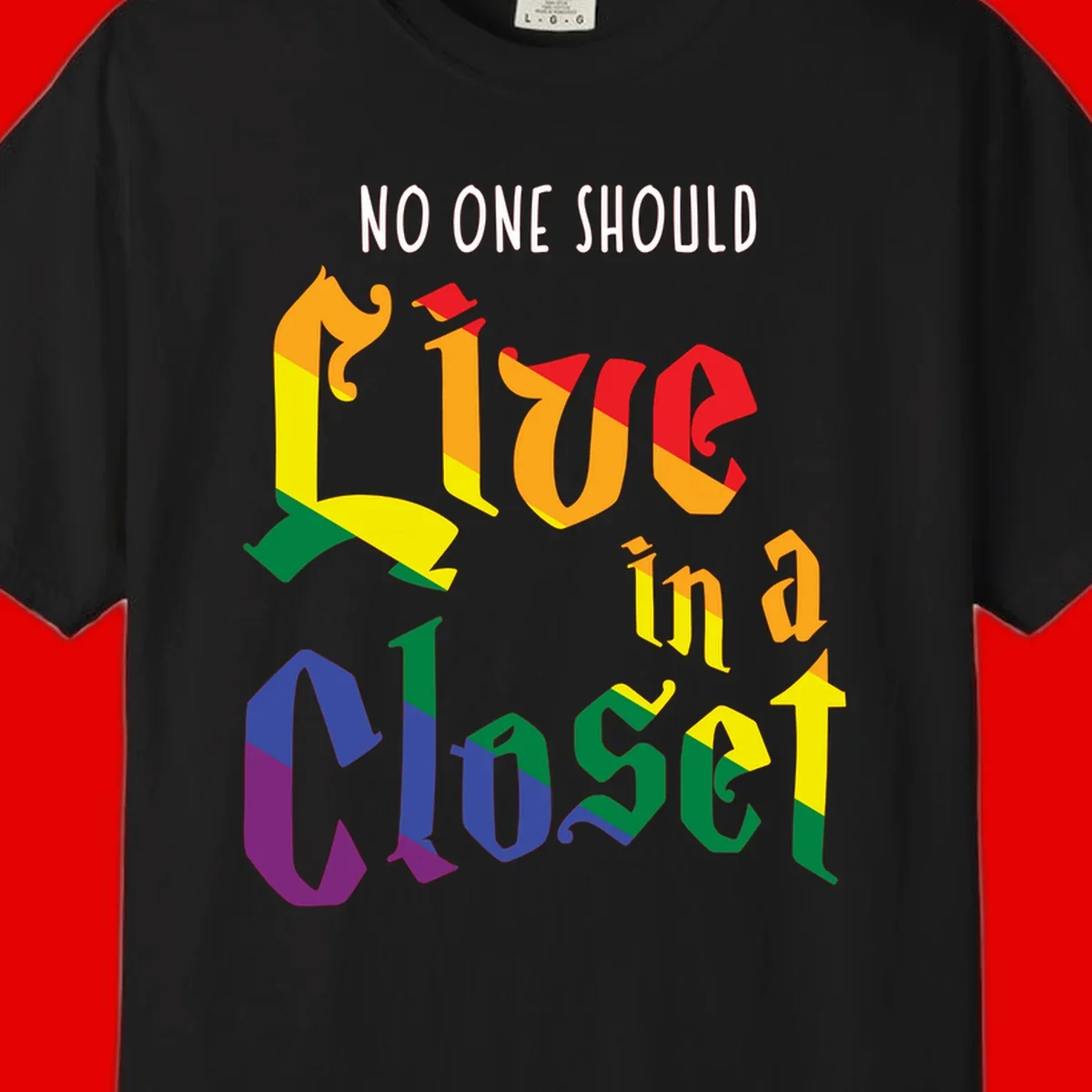 Rainbow gradient text reading 'NO ONE SHOULD LIVE IN A CLOSET' in bold, dimensional letters featuring pride flag colors on gray background
