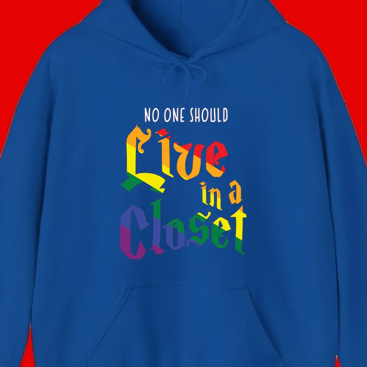 Rainbow gradient text reading 'NO ONE SHOULD LIVE IN A CLOSET' in bold, dimensional letters featuring pride flag colors on gray background