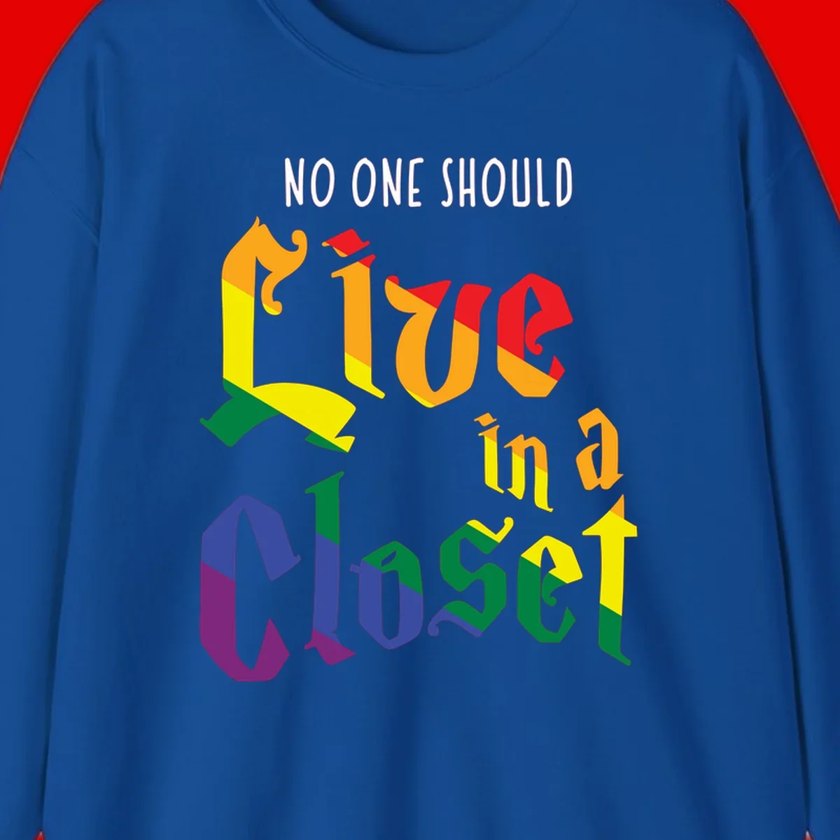 Rainbow gradient text reading 'NO ONE SHOULD LIVE IN A CLOSET' in bold, dimensional letters featuring pride flag colors on gray background