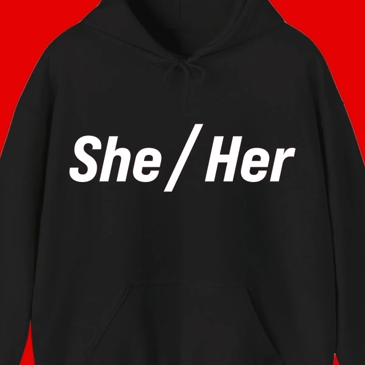 White text reading 'She / Her' in bold sans-serif font on gray background, pronoun statement design