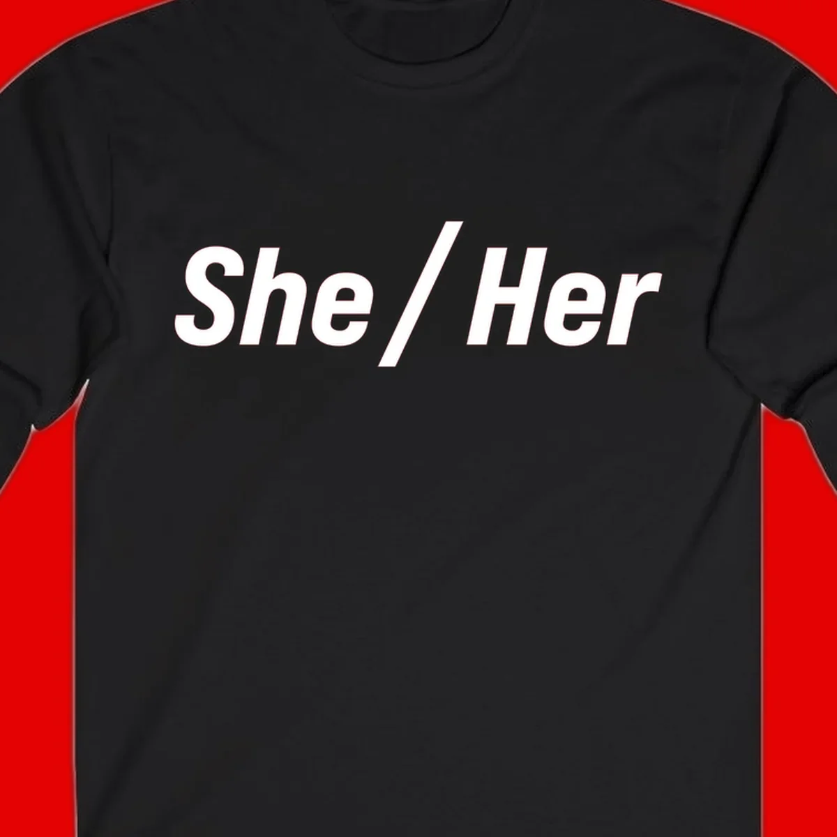 White text reading 'She / Her' in bold sans-serif font on gray background, pronoun statement design