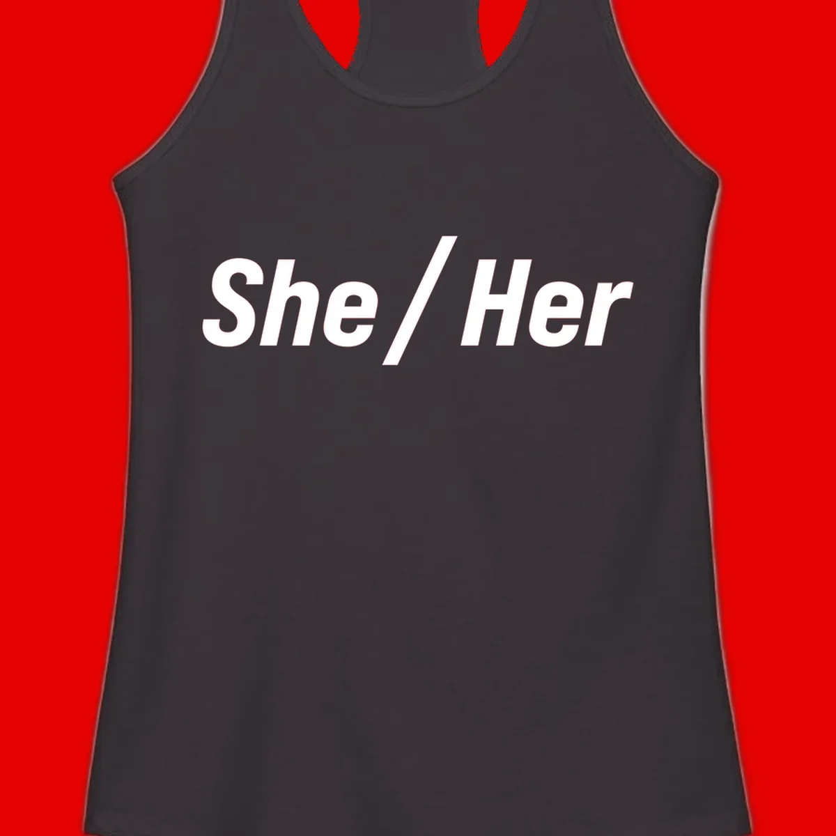 White text reading 'She / Her' in bold sans-serif font on gray background, pronoun statement design