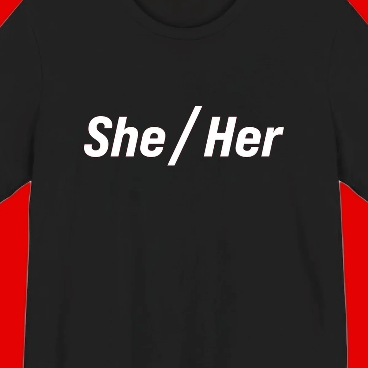 White text reading 'She / Her' in bold sans-serif font on gray background, pronoun statement design