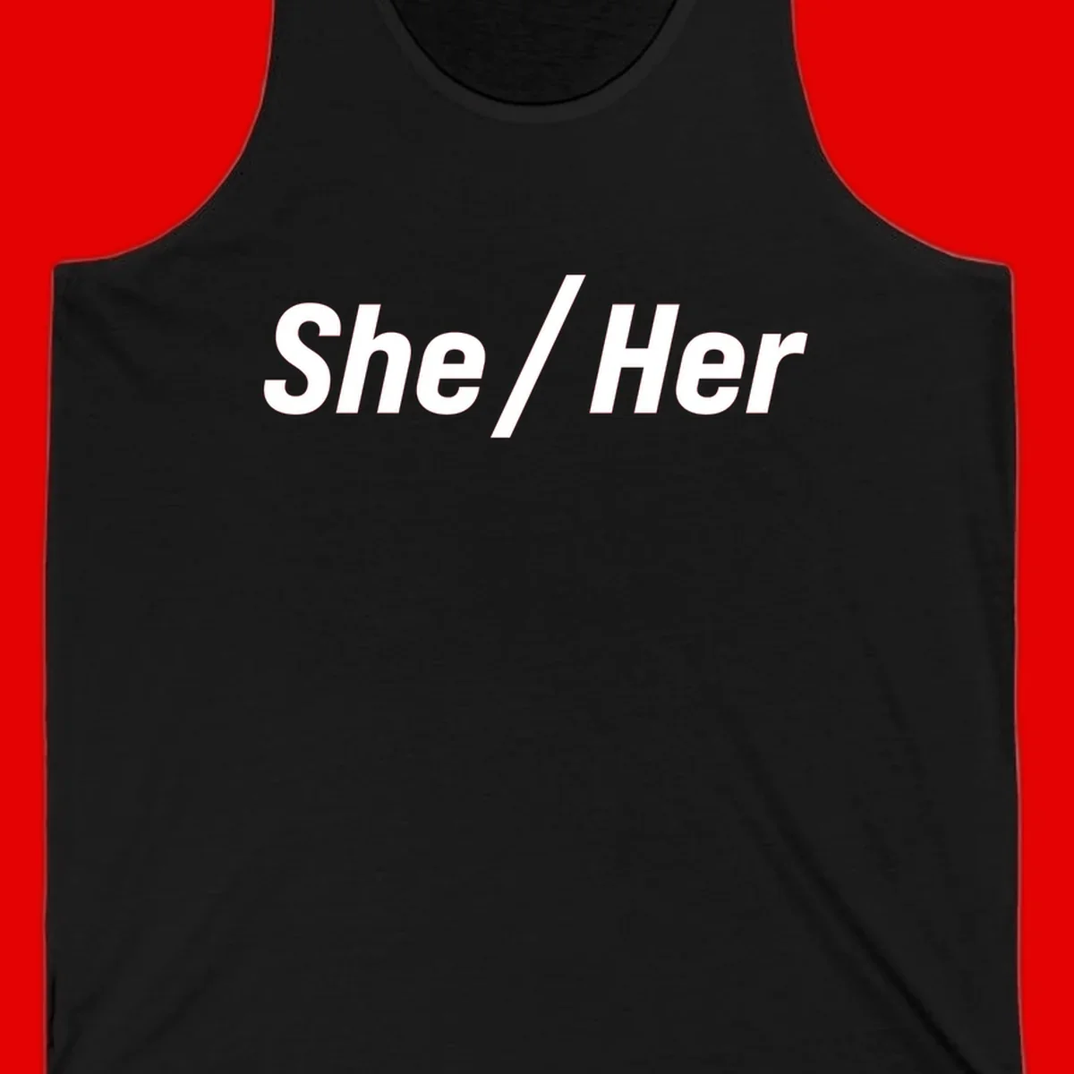 White text reading 'She / Her' in bold sans-serif font on gray background, pronoun statement design