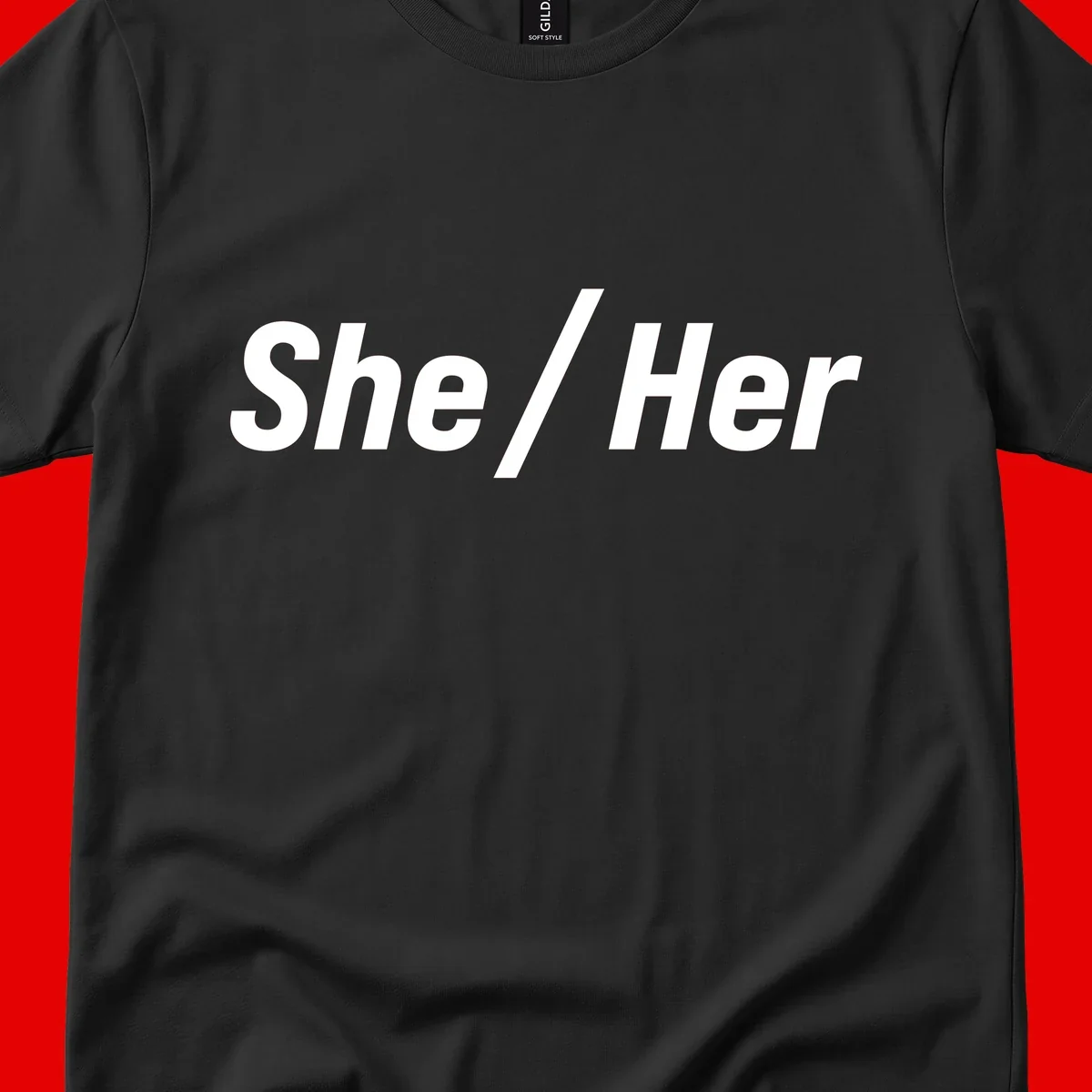 White text reading 'She / Her' in bold sans-serif font on gray background, pronoun statement design