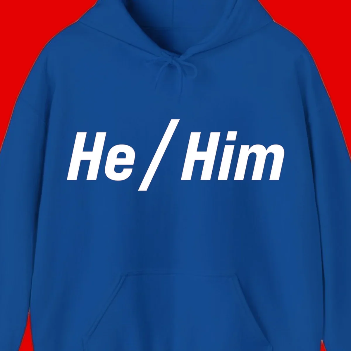Bold white text reading 'He / Him' with forward slash on gray background for pronoun pride awareness